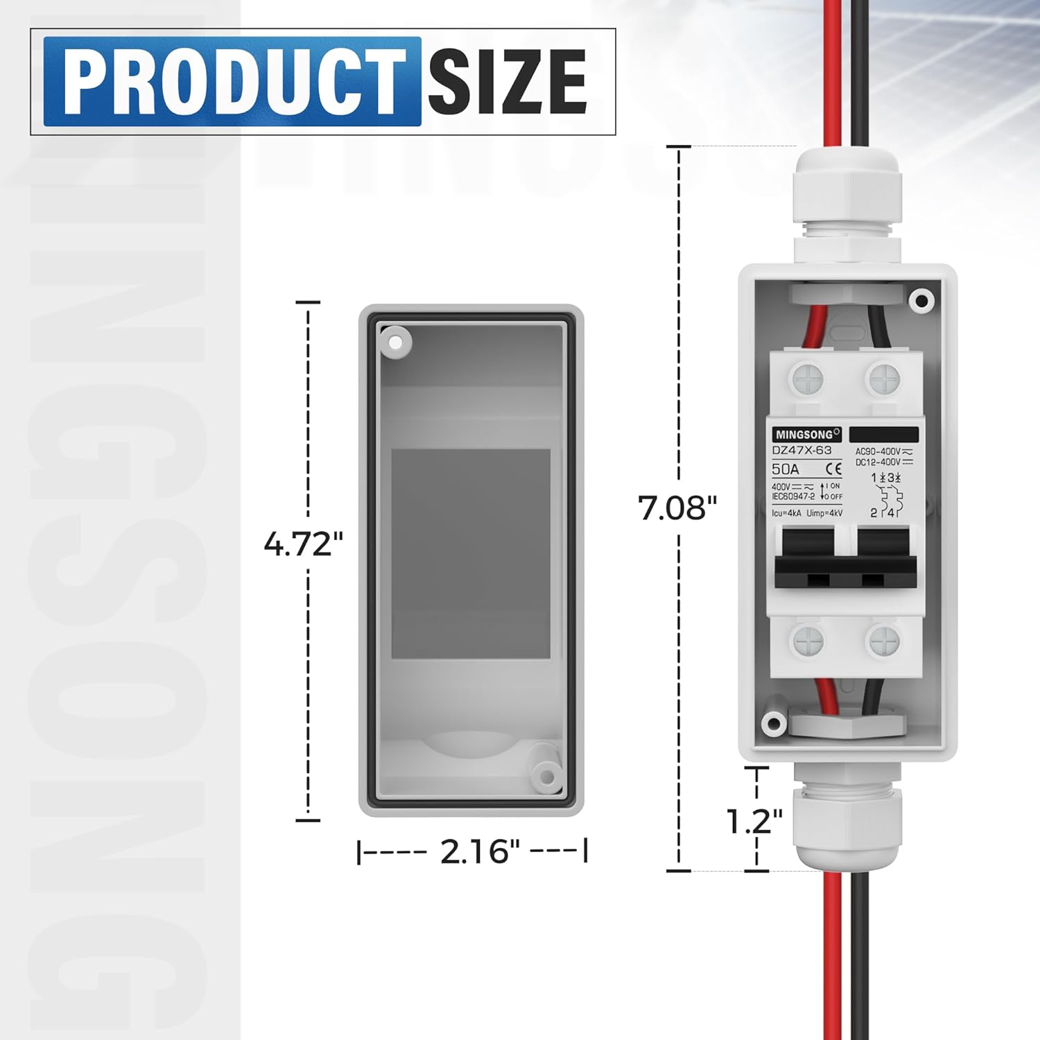 Solar Panels Disconnect Switch 50Amp DC Solar Shut Off Switch 400V 2 Poles Outdoor AC Small Miniature Circuit Breaker Box, IP65 Waterproof UV-Proof for PV Homes