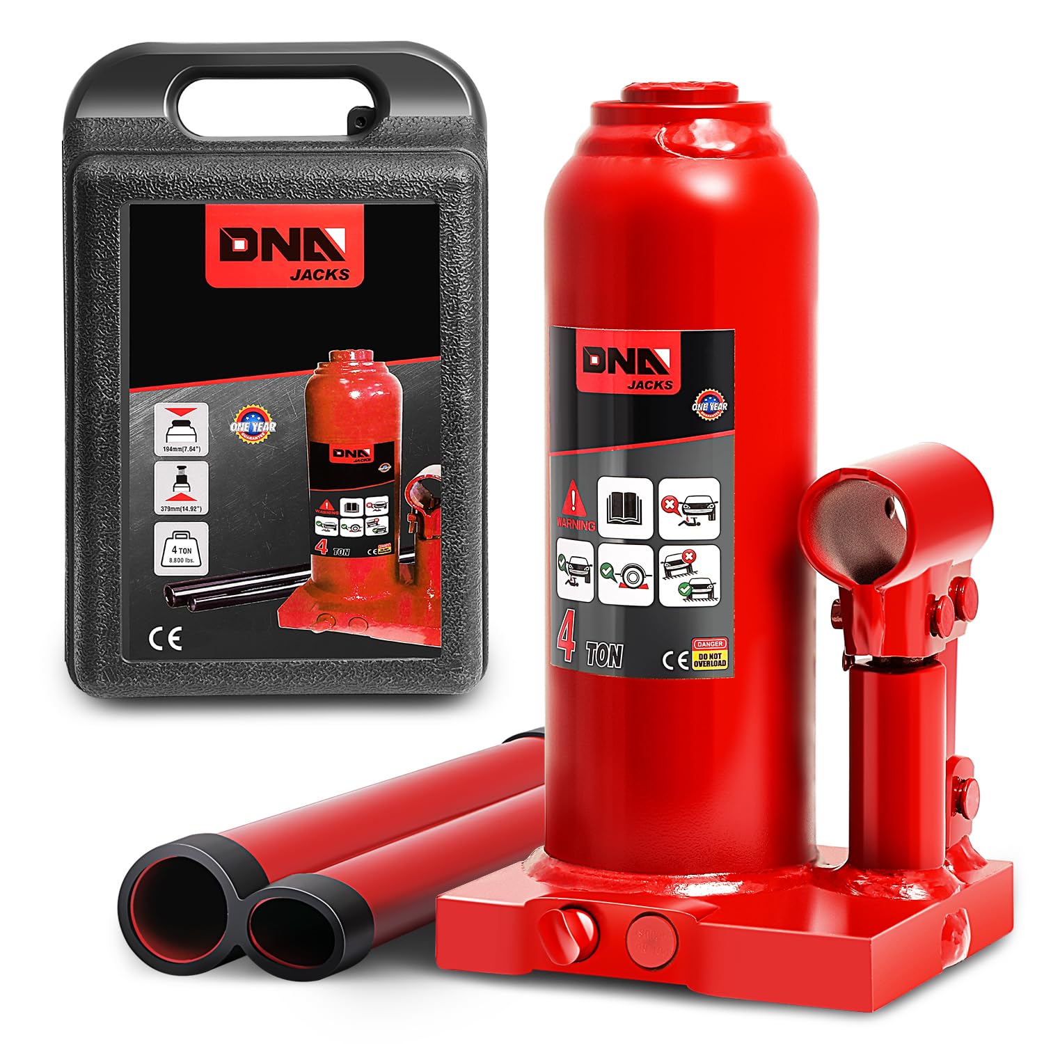 DNA Motoring 4 Ton Hydraulic Car Bottle Jack, Red, 8000 lbs Capacity