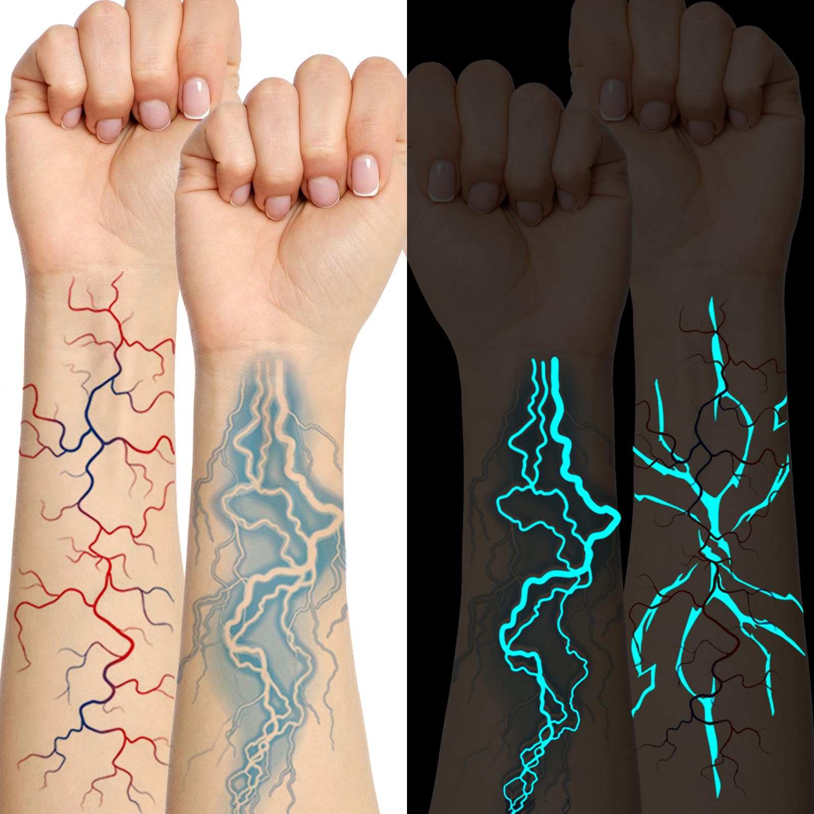 Qpout 12 arkuszy świecących tymczasowych tatuaży w ciemności, duży rozmiar, Anime Cosplay Bluelight, błyskawica, naklejki na rave, Halloween, imprezę taneczną, akcesoria