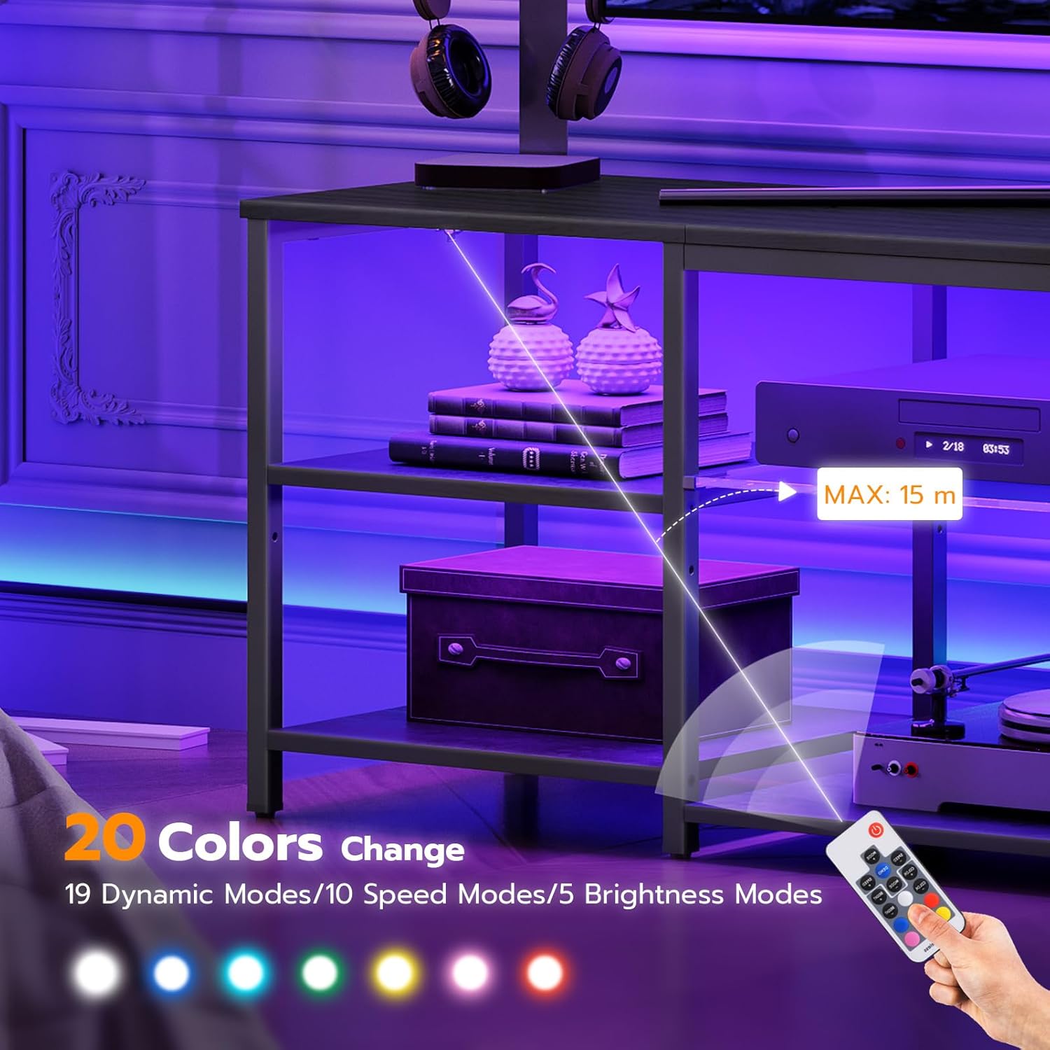 HOOBRO LED TV Stand for 65 Inch TVs with Charging Station, Gaming Entertainment Center with 3-Tier Open Storage, Long Media TV Console Table, TV Stand for Living Room, Bedroom, Black BB20UDDS01 - Image 6