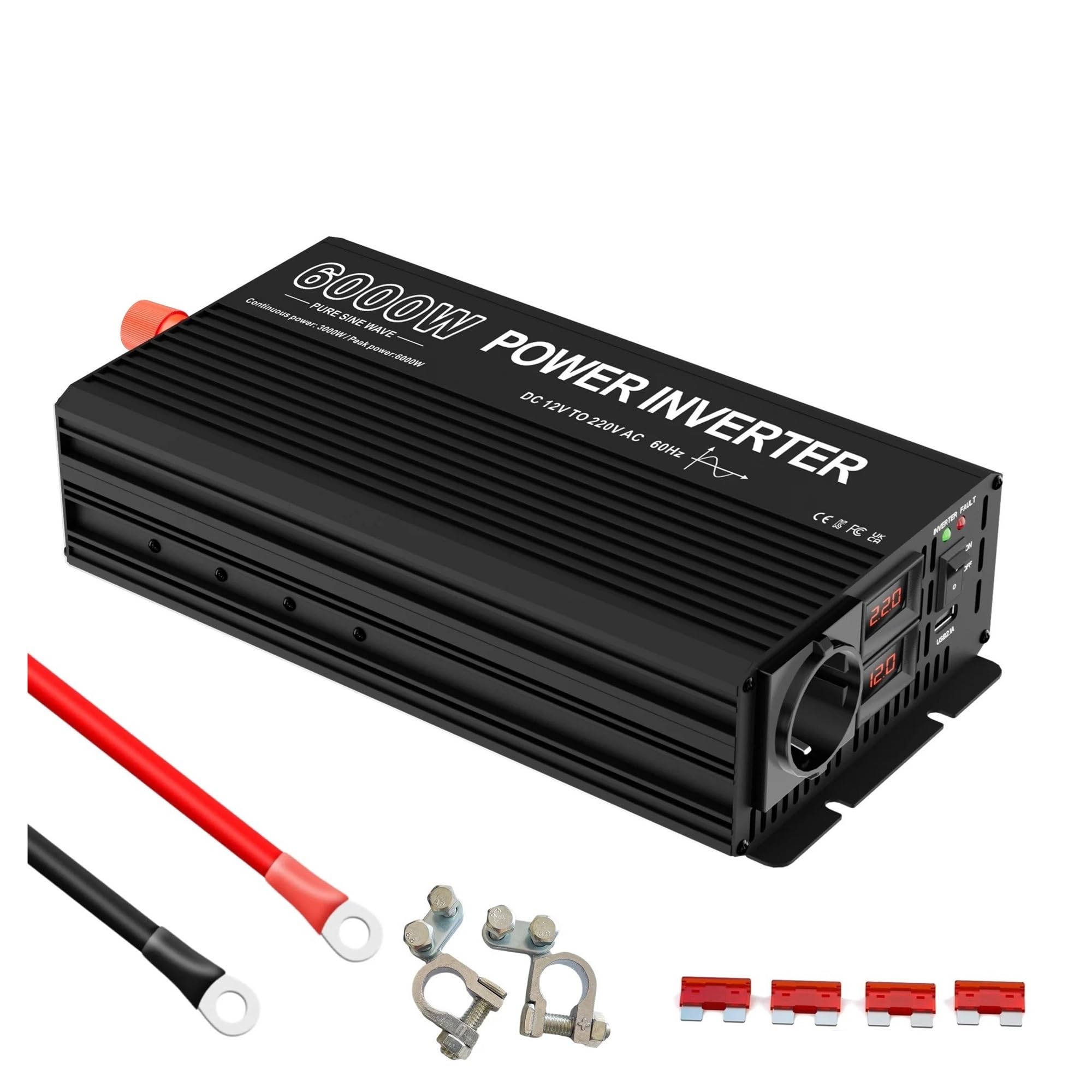 Invertitore Potenza Inverter A Onda Pura 12v 220v, Potenza Di Picco 6000W/potenza Nominale 3000W, Trasformatore 12 V 220V, Convertitore Da CC A CA Per Auto Inverter(12V)