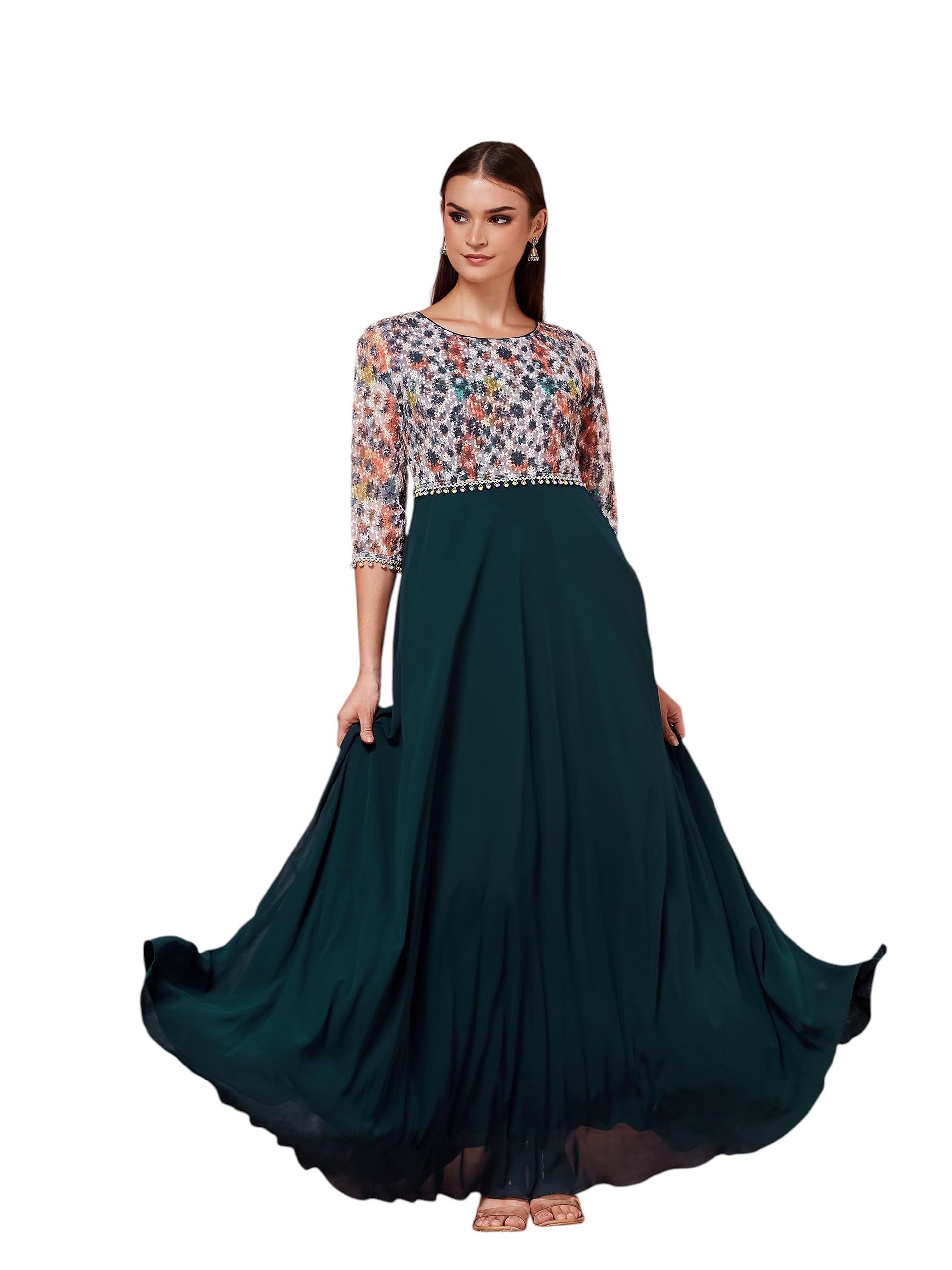 miss chase Women's Round Neck 3/4 Sleeve Embellished Maxi Georgette Ethnic Dress-picture-46