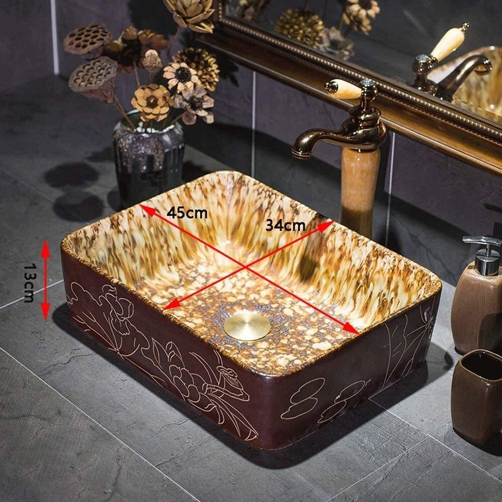Szafka Pod Umywalkę Z Umywalką, Umywalka Łazienkowa, Umywalka Nablatowa, Prostokątna Porcelanowa Umywalka Ceramiczna W Stylu Vintage, Umywalki Łazienkowe Nablatowe, Brązowa Umywalka Łazienkowa, Umywa