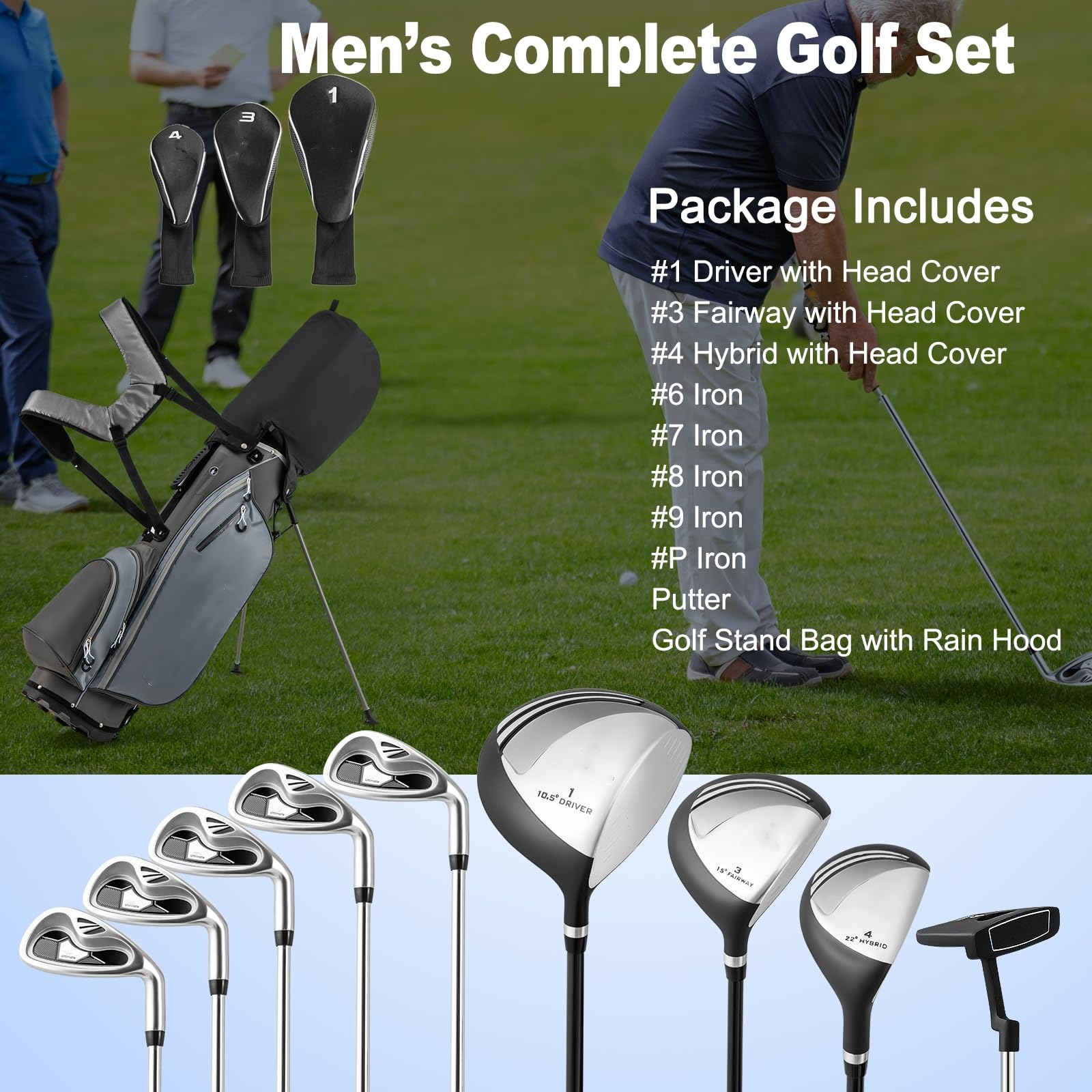 LIFEZEAL Komplettes Golfset für Herren, Golfset tragbar rechts, Stativtasche mit 7 Fächern, Putter, 3 Holz: Driver #1, Fairway #3, Hybrid #4, 5 Nadeln: #6, #7, #8, #9, Pitching Wedge