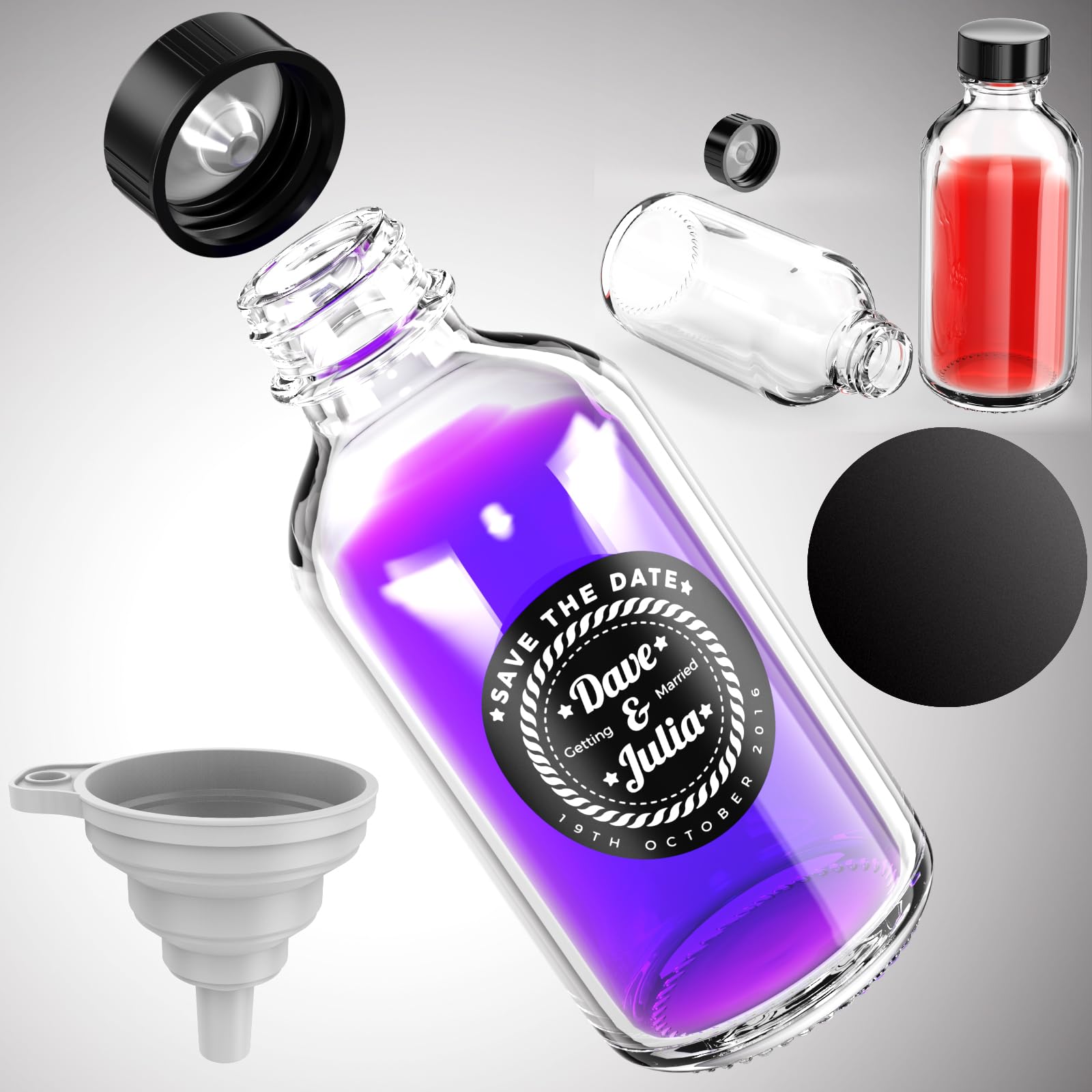 ZHANXUBIO 4 oz Clear Glass Bottles 12PCS, 120ml Boston Round Sample Bottles with Black Poly Cone Caps, Labels, Funnels (120ml 4oz, Clear)