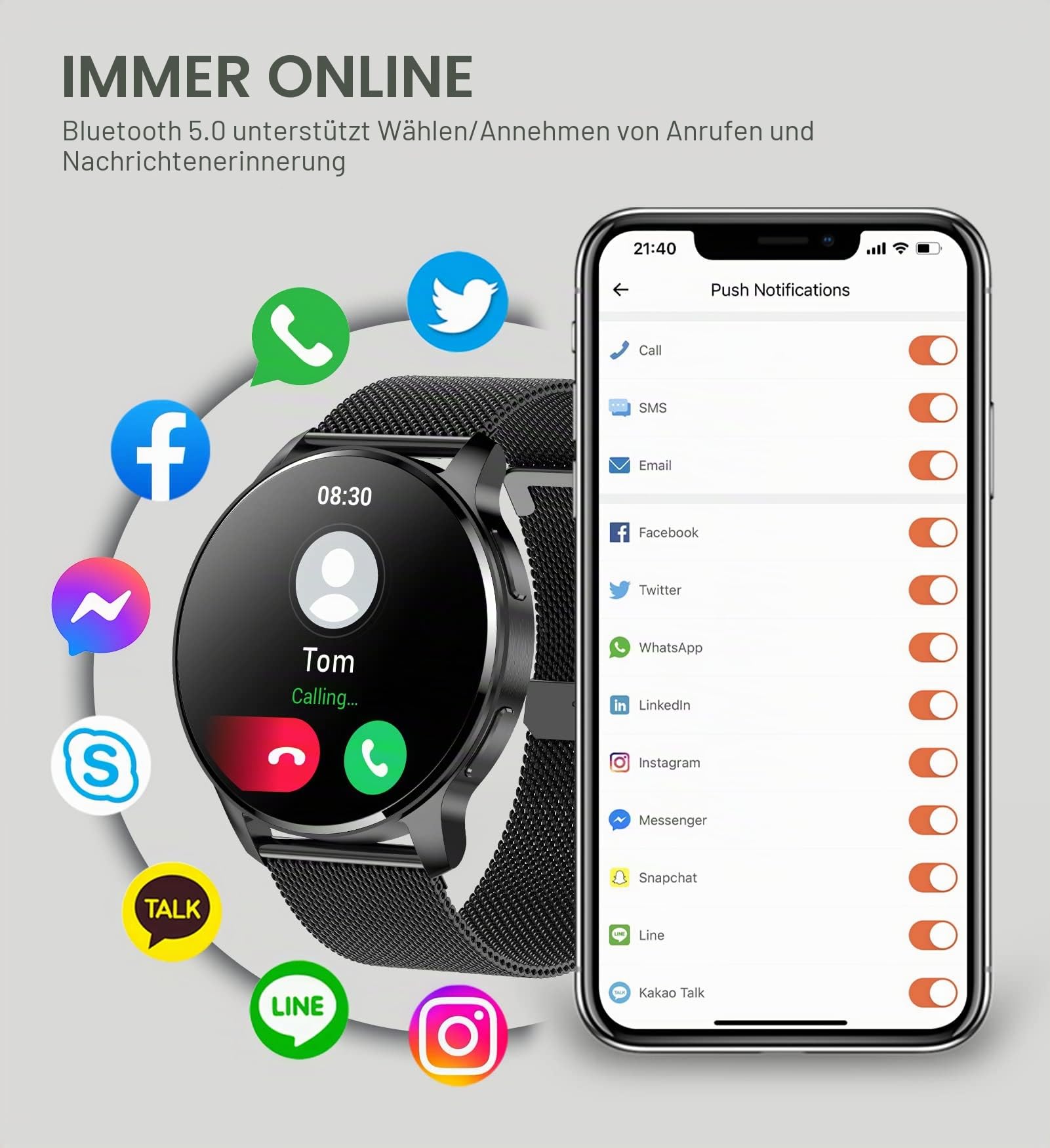 Iaret Smartwatch Damen Herren mit Telefonfunktion, 1.32 Zoll HD Voll Touchscreen, Smartwatch mit SpO2 Pulsuhr Menstruationszyklus Schlafmonitor Schrittzähler Kalorien