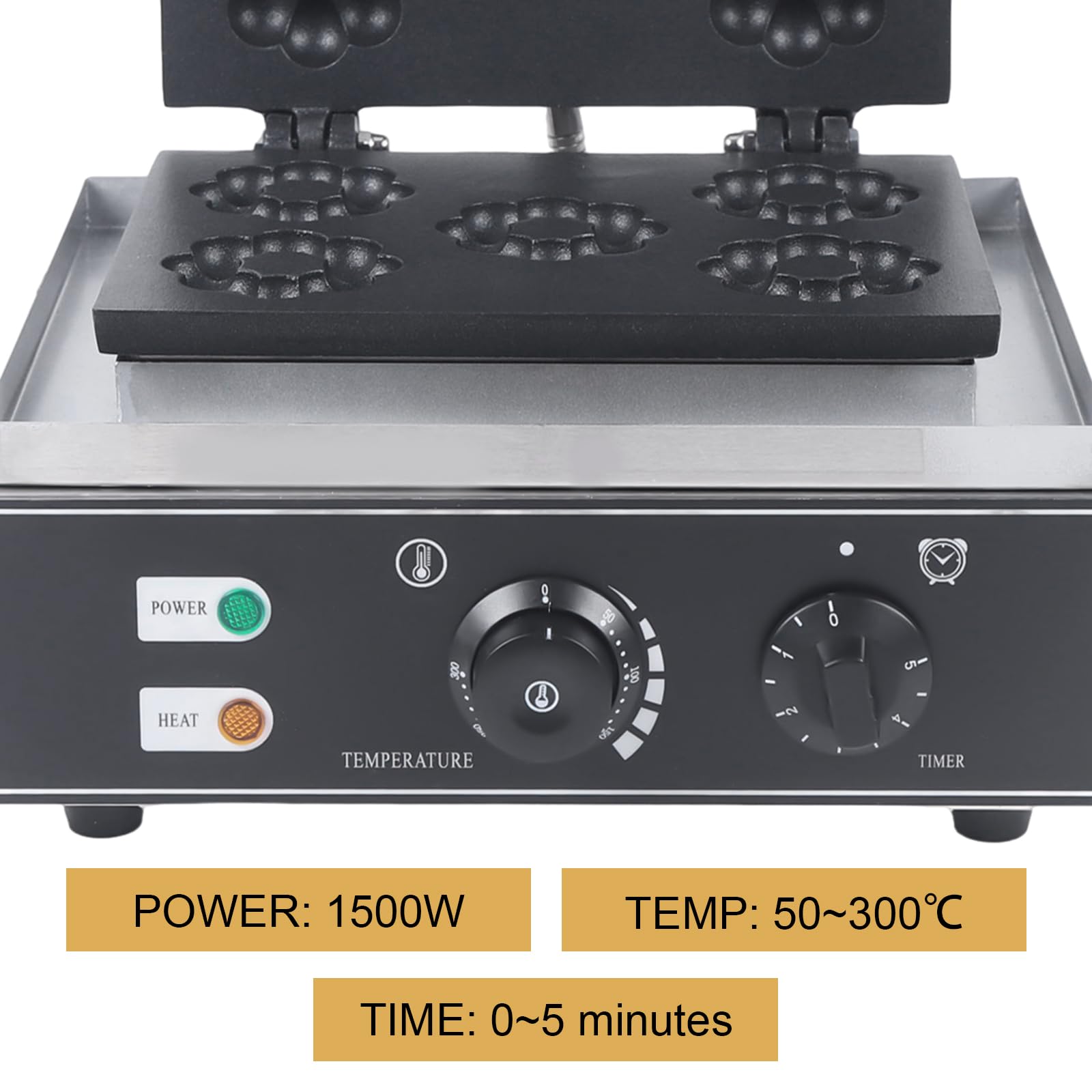 Machine à Donuts & Gaufres 1500W Anti-Adhésive 5 Trous Fleur - Cuisson Parfaite Double Face Pour Usage Pro