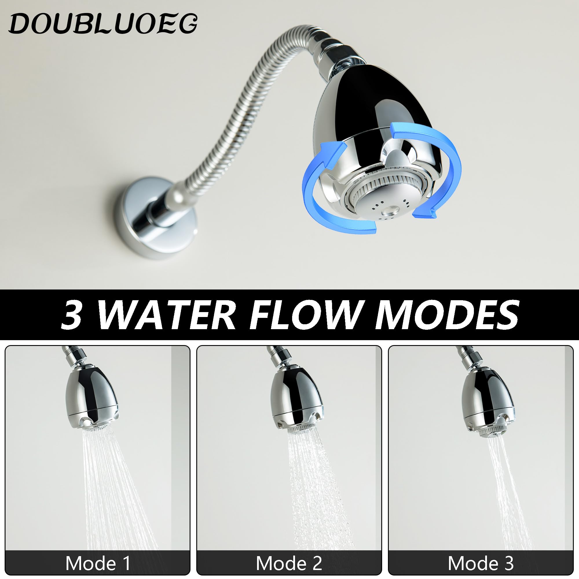 Cabezal de ducha cromado de 11.8 pulgadas con brazo de ducha ajustable, cabezal de ducha flexible de 3 funciones para ducha pequeña, brazo de extensión de cabezal de ducha de alta presión