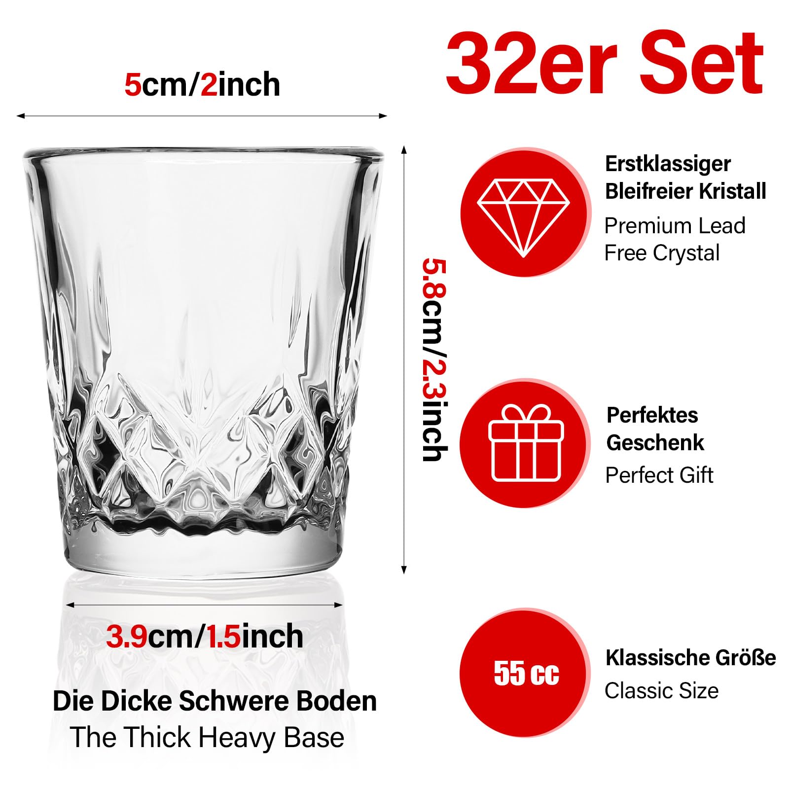 Gucass 32 vasos de chupito, 5 cl, aptos para lavavajillas, cristal sin plomo, con fondo pesado