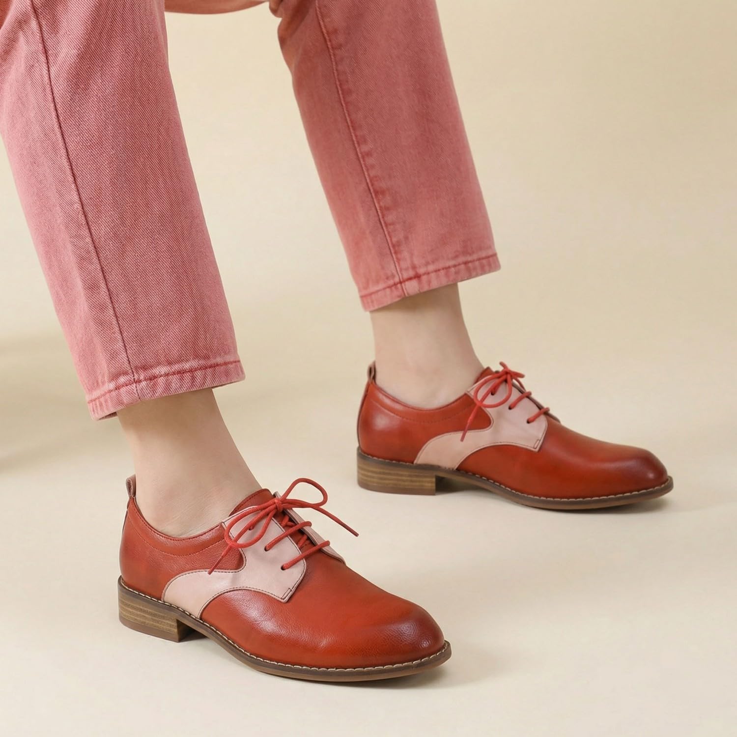 Mona flying Women's Handmade Two Tone Dress Oxfords Saddle Derby Comfy Lace up Leather Shoes for Ladies
