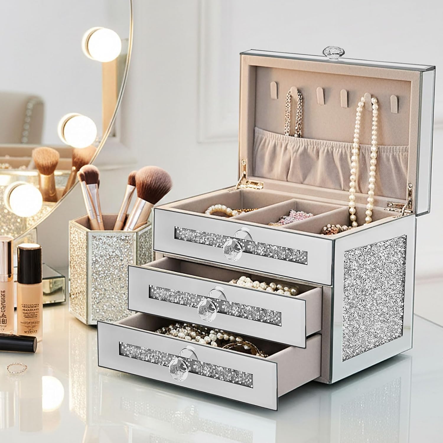 Kenning Glass Mirrored Jewelry Box for Women 3 Layer 2 Drawer Crushed Diamond Jewelry Box Crystal Silver Necklace Ring Earring Storage Organizer Sparkly Blinged Gifting and Decorative Storage for Her