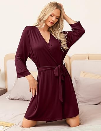 Lovasy Badjas voor Dames, Geweven Piqué 3/4 Mouwen, Saunamantel, Geribbelde Strik, Ochtendjas, Zacht, Licht, Knielang, Loungewear met Riem en Zakken, M