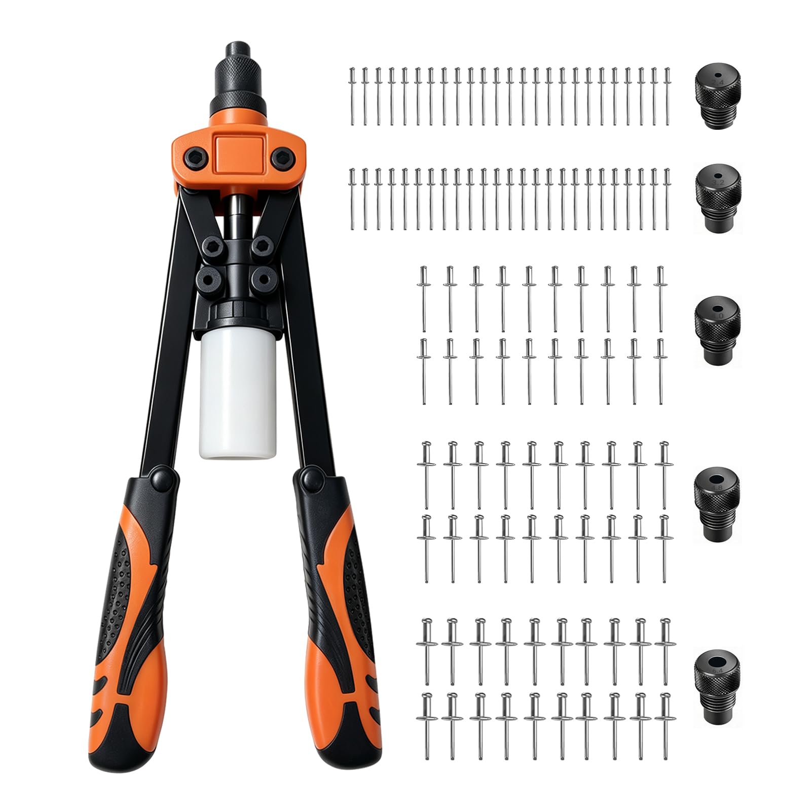 Set Pinzatrice per Rivetti da 13" con 110 Rivetti per Rivettatrice Cieca da 6,4 mm-2,4 mm, 5 Bocchini Intercambiabili, Rivettatrice Manuale per Auto, Lavori in Metallo, Mobili, Strumenti