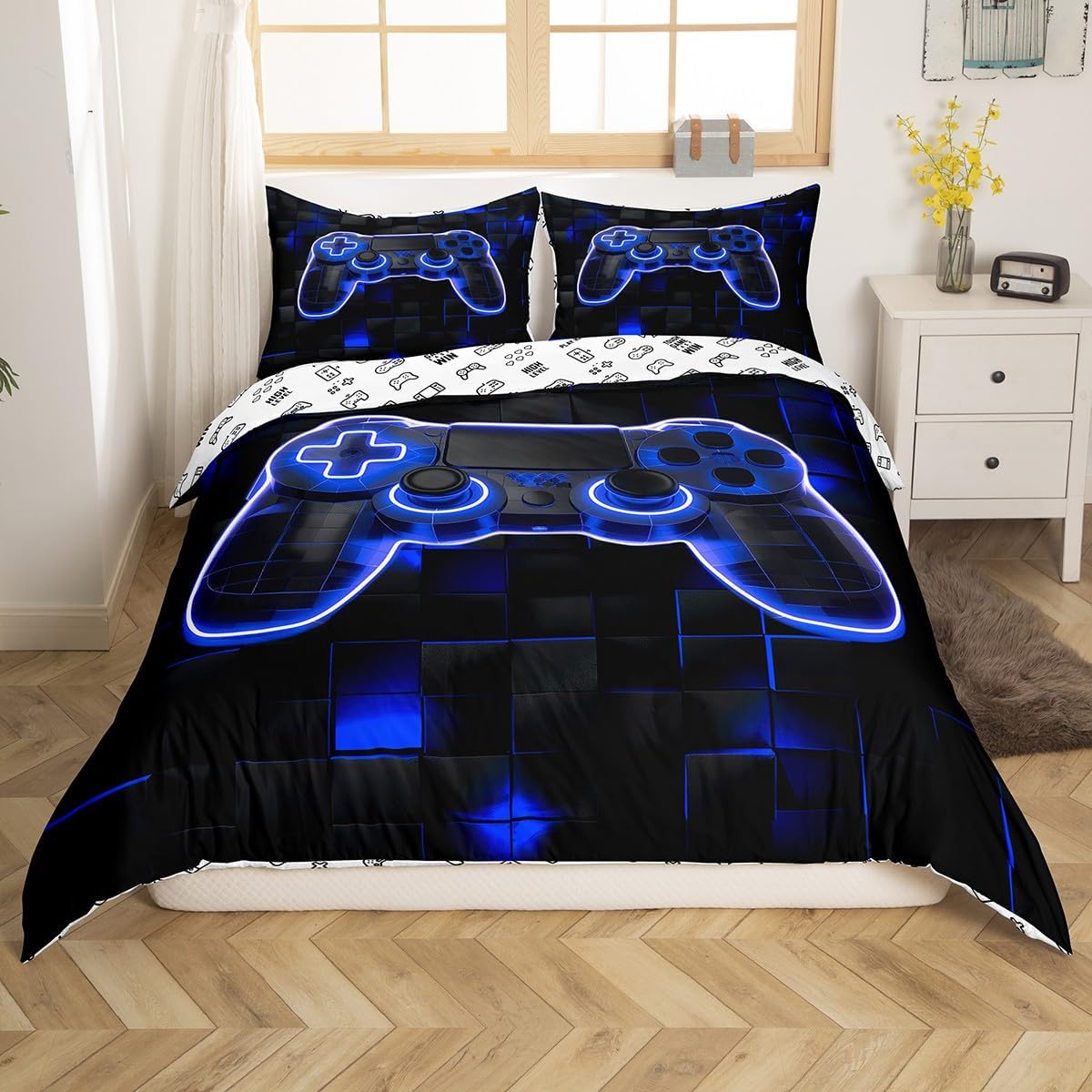 ErosebridalGaming Duvet Cover for Boys Teen King,Geometric Game Controller Bedding Set for Boys Kids,Neon Comforter Cover,Gamer Home Decor for Boys Bed Sets with 2 Pillowcases Bedroom Decor
