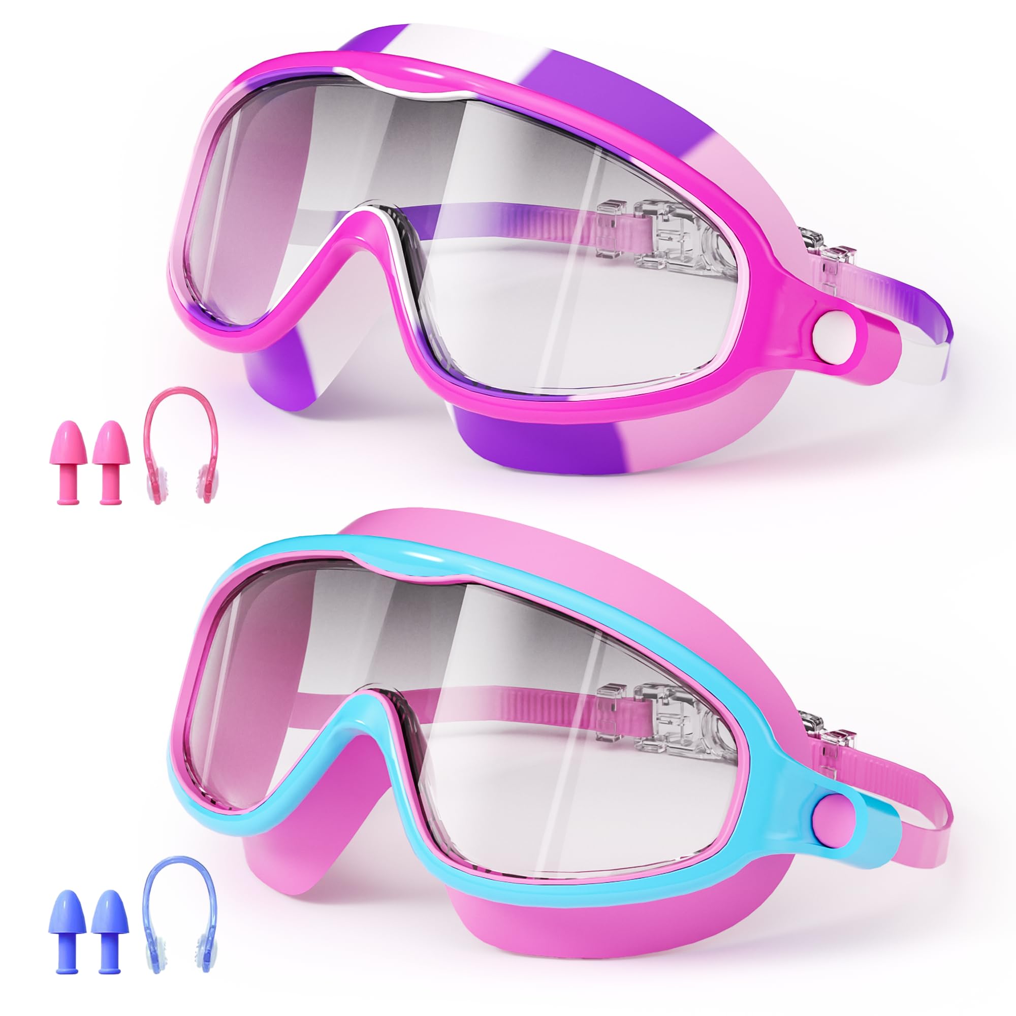 Schwimmbrille für Kinder von 3–15 Jahren mit großem Rahmen, Anti-Beschlag/UV, kein Auslaufen, Schwimmbrille für Jungen, Mädchen, Jugendliche, Kleinkinder (2 Stück)