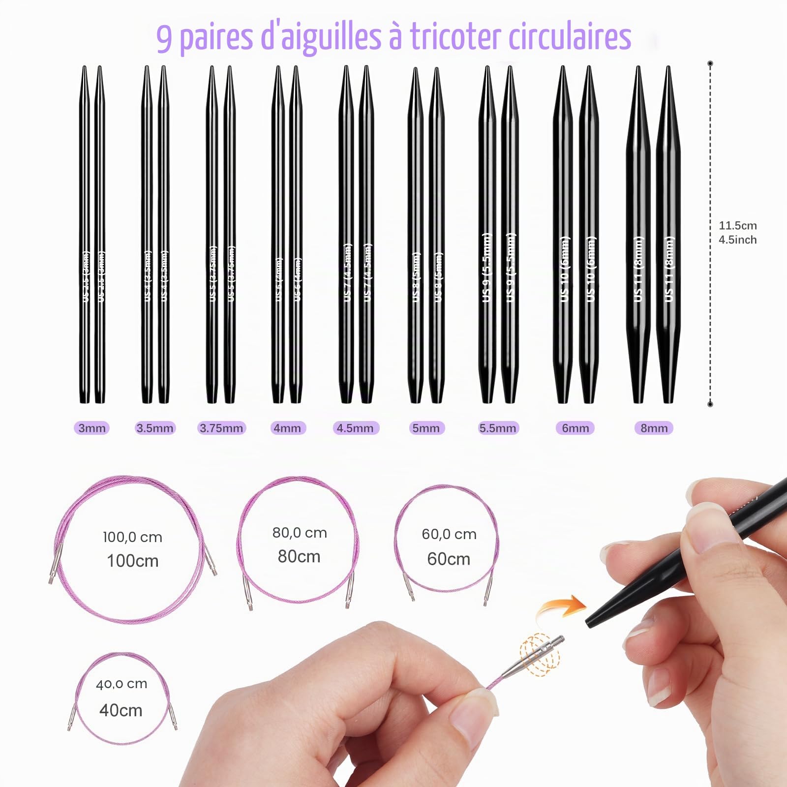 Coopay 9 Paires Aiguilles Circulaires Tricot Interchangeable, Aiguille à Tricoter en Aluminium de 3,0-8,0mm, Kit Tricot Debutant, Aiguille Circulaire Tricot pour Layette, Pull, Écharpe - Violet