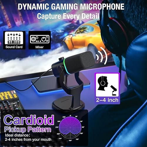 Miniatura 5 de Micrófono dinámico XLRUSB para podcast de juegos, micrófono para iPhone, teléfono, computadora, computadora, micrófono de transmisión con luz RGB,
