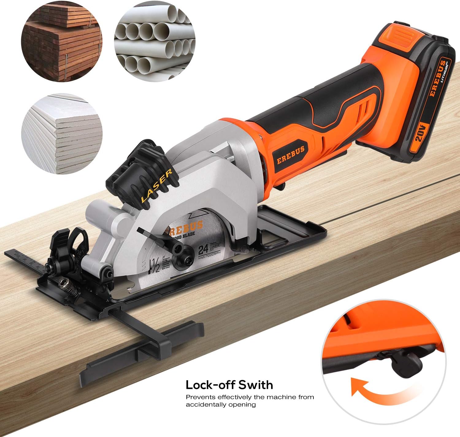 Best Deal EREBUS,97630,Circular Saws, 20V 3400RPM 4-1/2 Professional Cordless Circle Saw with Laser Guide, Rip Guide, Vacuum Adapter, 2Pcs Blades plus 1 Allen Wrench, Max Cutting Depth 1-11/16(90°), 1-1/8(45