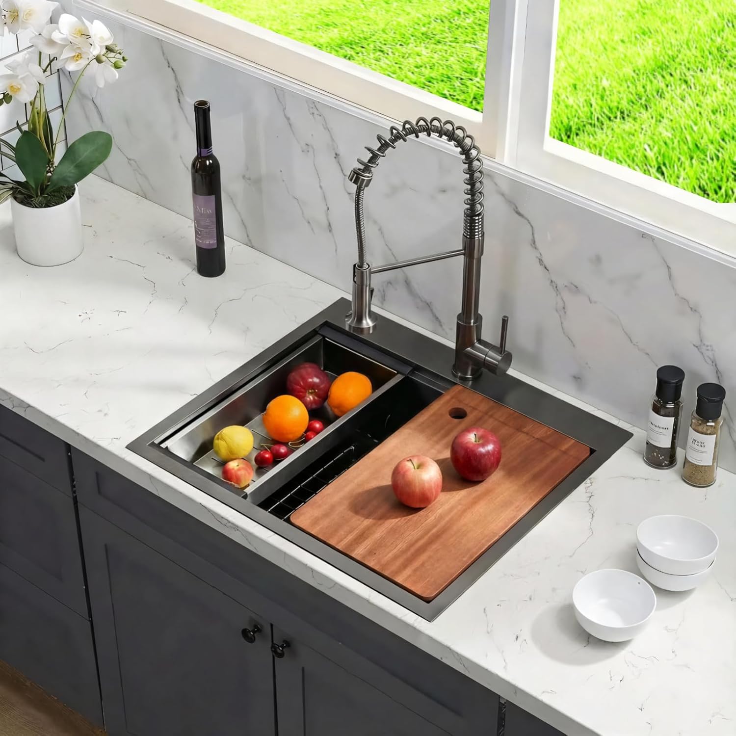 QuietBoy 25" Black Workstation Kitchen Sink, 16 Gauge Stainless Steel Drop-In Single Bowl Sink, Topmount Farmhouse Sink for Kitchen & RV, Deep Basin with Ledge & Accessories (Black, 2522)