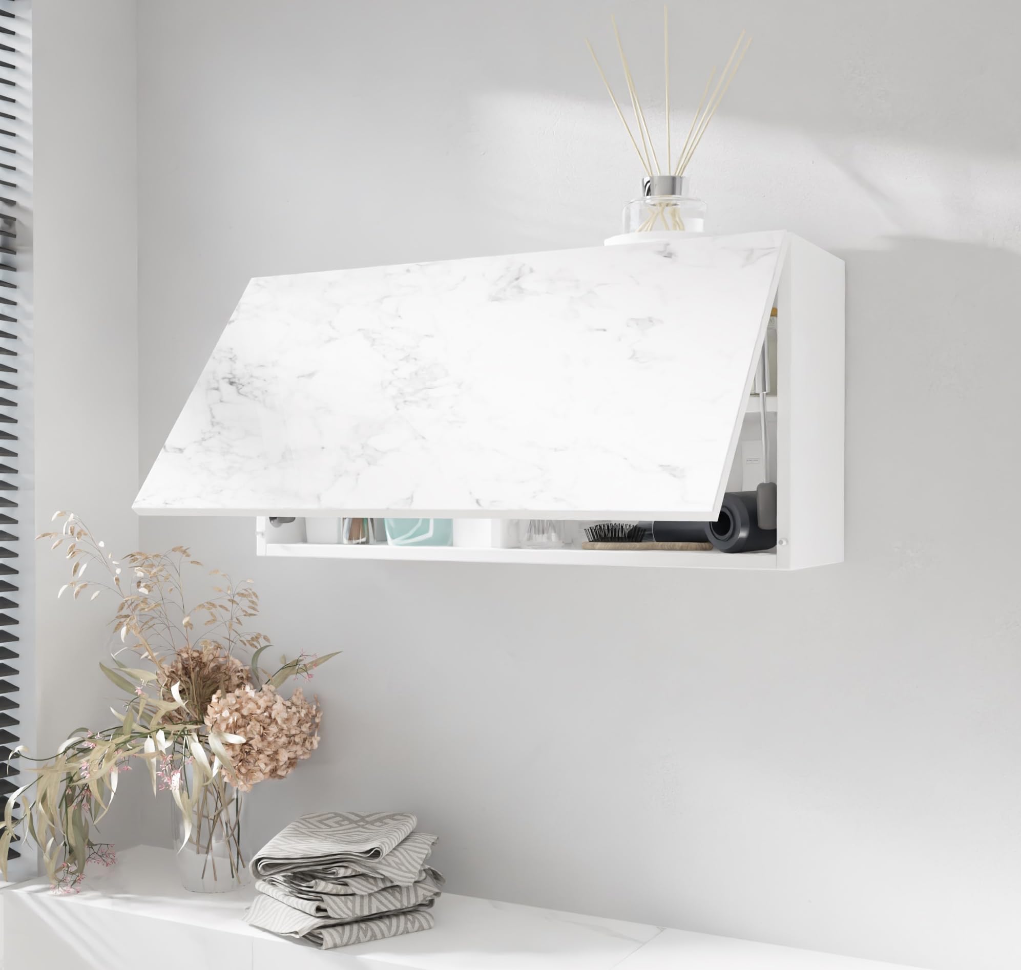 PLATAN ROOM - Armadietto da bagno, larghezza 80/120/160/200/240 cm, mobiletto da bagno pensile con anta ribaltabile (bianco opaco o marmo lucido 80 x 40 x 25 cm)