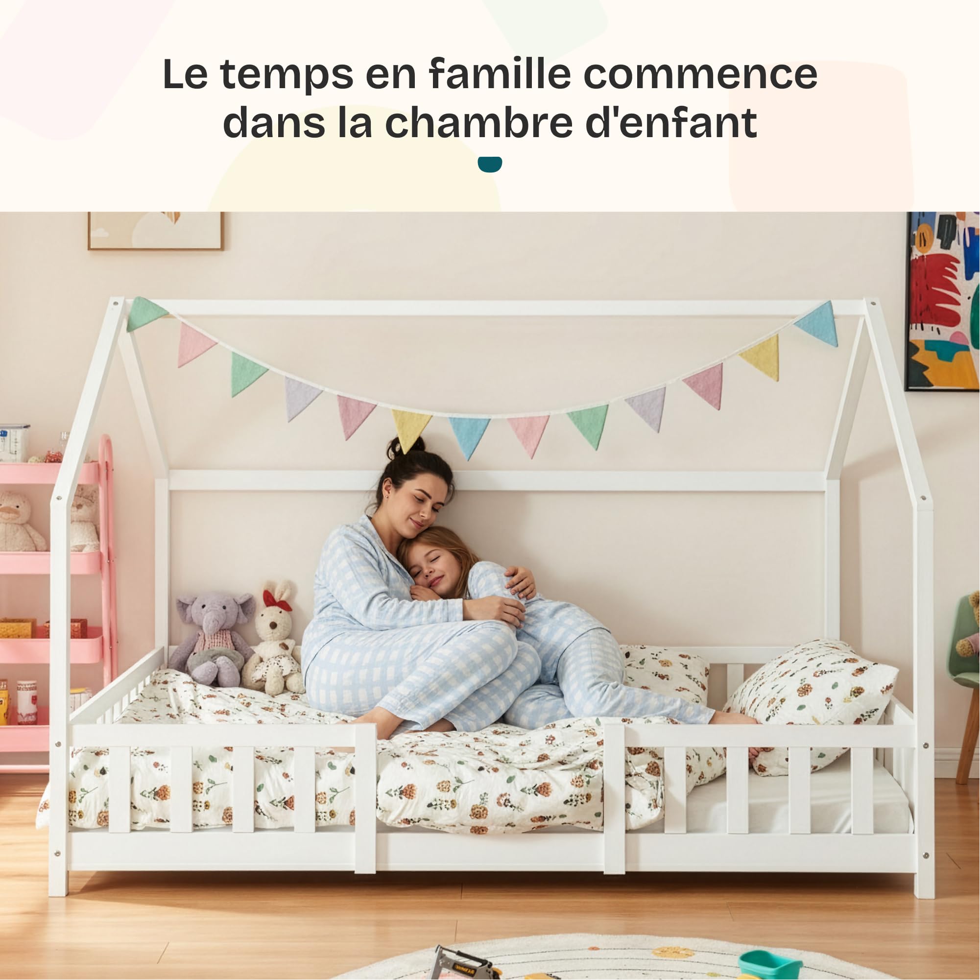 [en.casa] Lit Cabane avec Matelas à Mousse Froide Anti-Allergique Lit Enfant en Forme de Maison avec Sommier à Lattes Barrière de Sécurité Bois de Pin Contreplaqué 90 x 200 cm Blanc