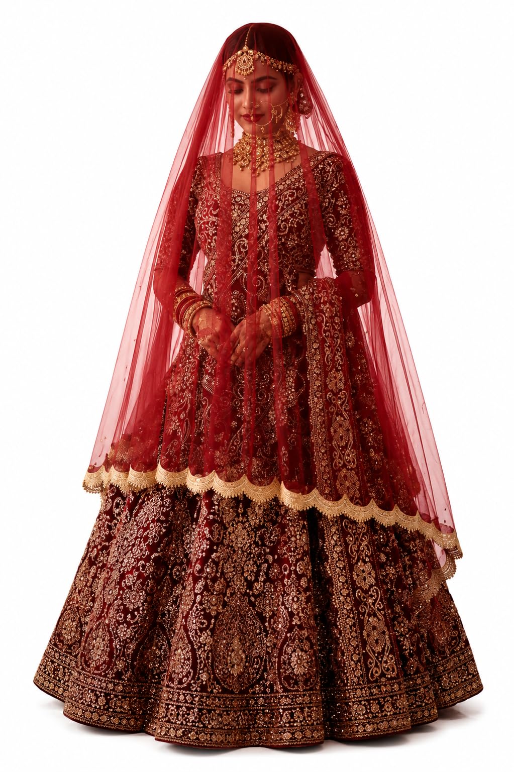 Meera's Collection Bridal veil duppata, 3 meter log sofe net Stone Work | Sequin Embroidered Lace Border | Ghunghat Side Tassel Lace | Bridal Wedding Dupatta-picture-54