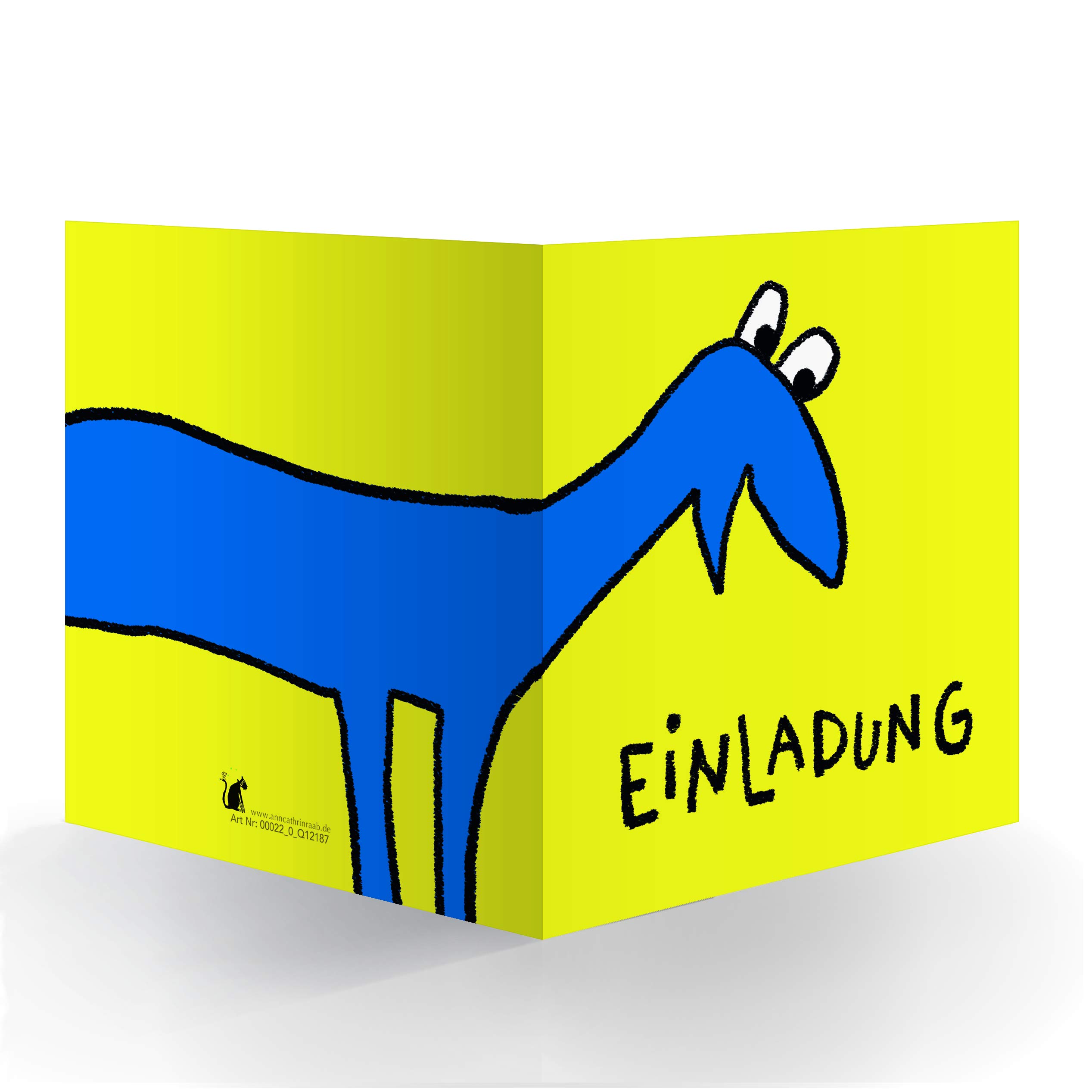 Kartenkaufrausch 12 x Lustige gelbe Einladungskarte zum Kinder-Geburtstag mit Innendruck (quadratisch, 15,5x15,5cm inkl Umschlag) mit blauem Fabelwesen: Einladung - große XL Karte für Schul-Kinder