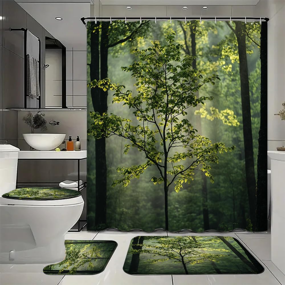 4Pcs Vintage Green Forest Waterproof Shower Curtain with 12 Hooks, Natural Trees Landscape Bathroom Curtains Set with Rug, U Shape Mat and Toilet Cover for Home Decor