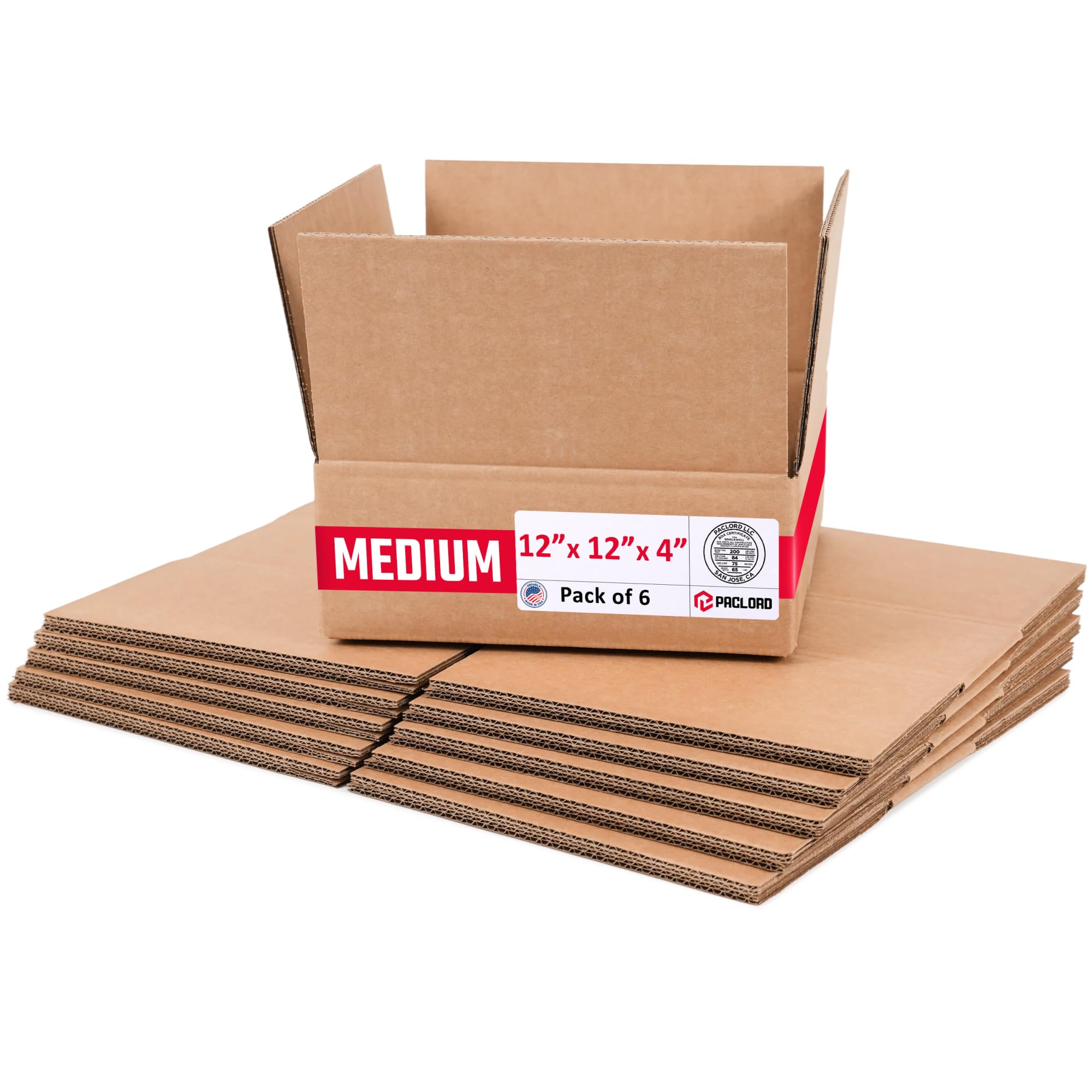 Medium Cardboard Boxes 12"L x 12"W x 4"H (Pack of 6) - USA-Made Packing Boxes for Moving, Shipping, or Storage - USPS, UPS, FedEx Approved - Professional Packing Supplies for Moving | USA-Made Packing Boxes for Moving, Shipping, or Storage - USPS, UPS, FedEx Approved - Professional Packing Supplies