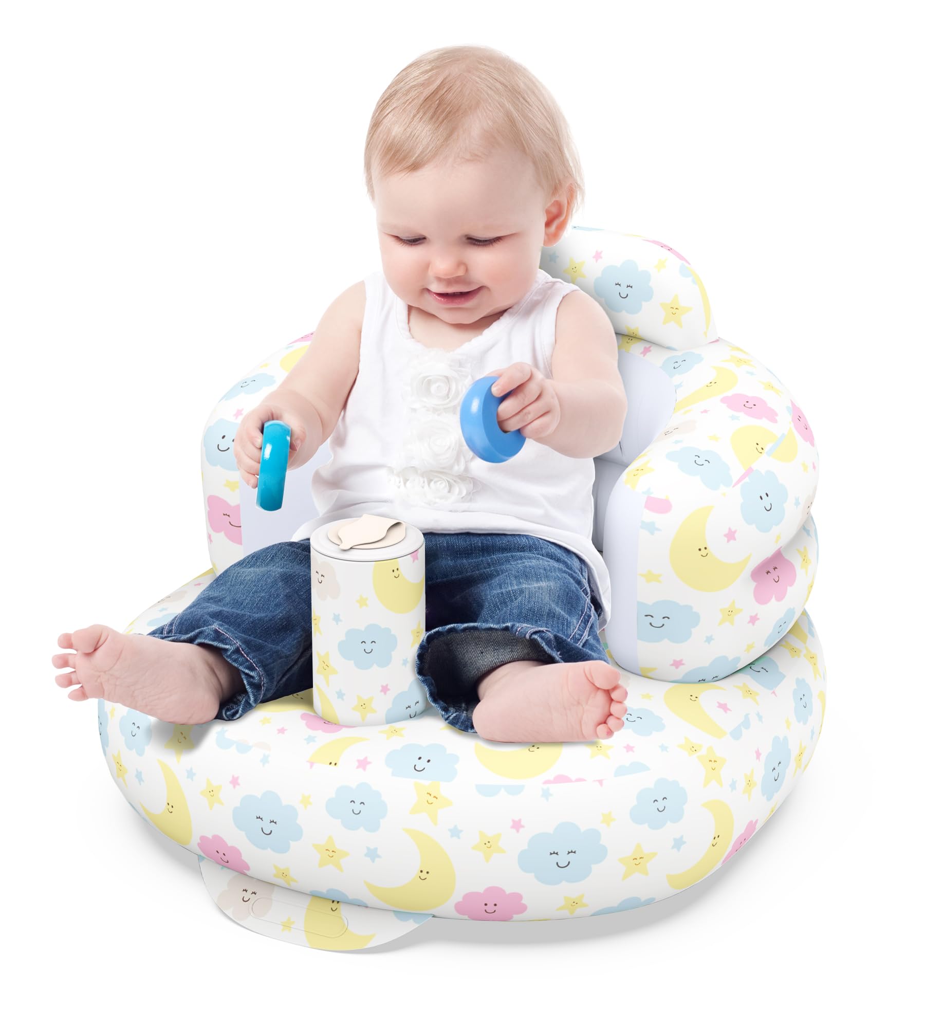 Colplay Inflatable Baby Seat Inflatable Seat for Babies 3-36 Months, Portable Blow up Baby Chair Infant Chair Build in Air Pump, Used for Sitting up, Feeding, Beach and Traveling-Star&Moon