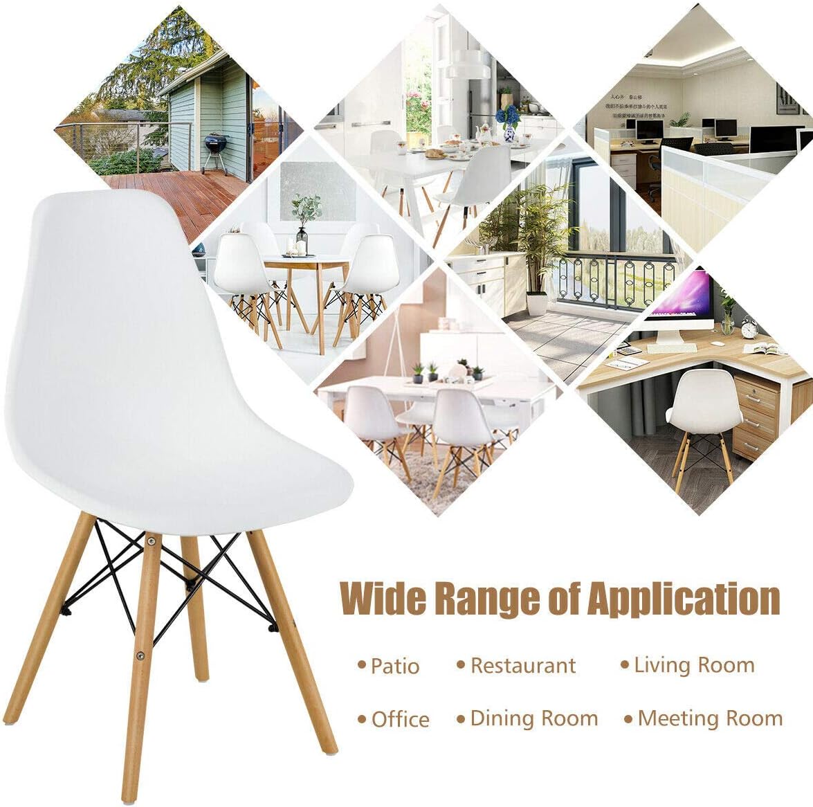 DORTALA Pre Assembled Dining Chairs, Plastic Chairs with Wood Legs, Ergonomic Backrest, Modern Style Armless Chairs for Living Room, Kitchen, Meeting Room, Bedroom, Set of 4, White