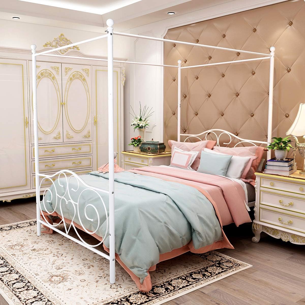 BOFENG Canopy Bed Frames Full Size with Vintage Headboard and Footboard Metal Bed No Box Spring Required Heavy Duty Slat Platform Without Storage, Full, White
