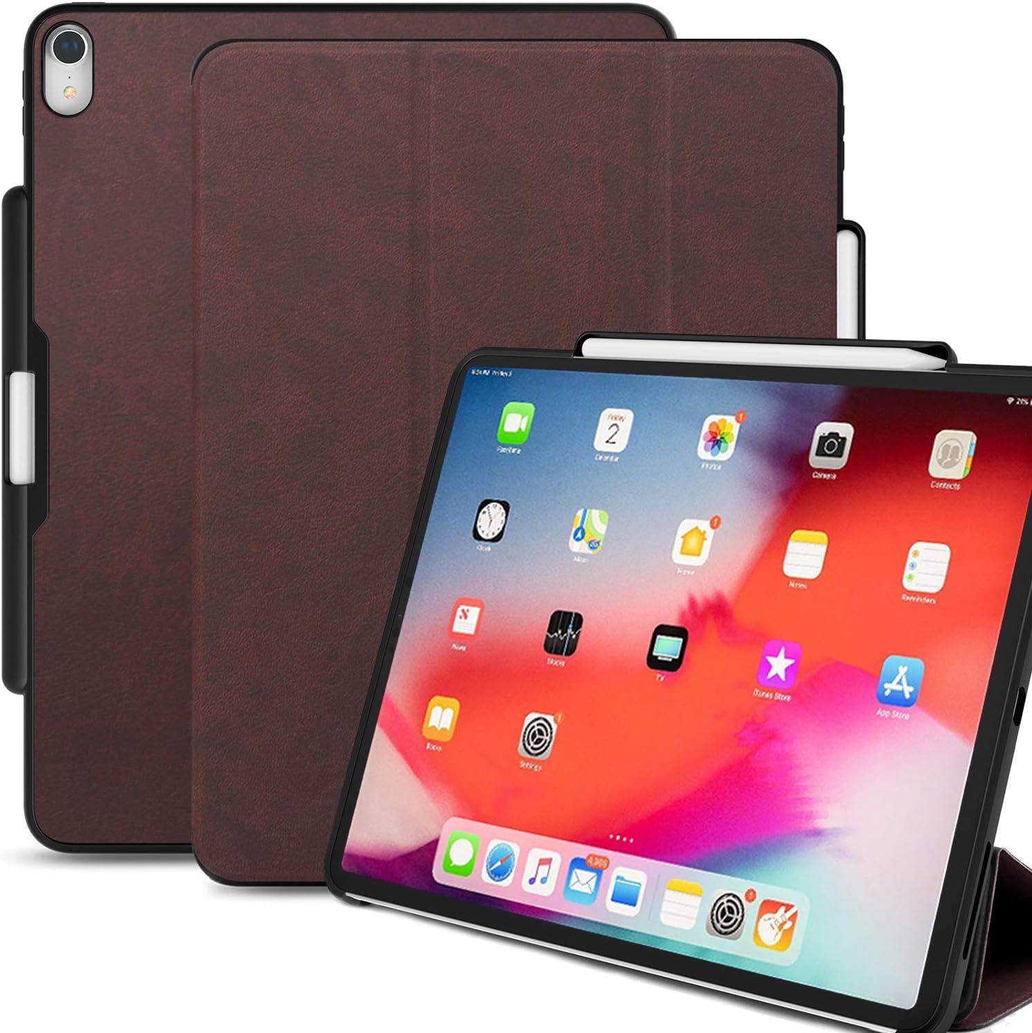 KHOMO iPad Pro 11 Inch Case with Pen Holder - Dual PU Leather Brown Super Slim Cover - Support Pencil Charging