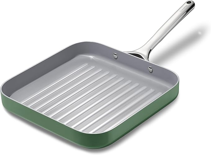 Caraway 11-inch square ceramic coated grill pan in sage color