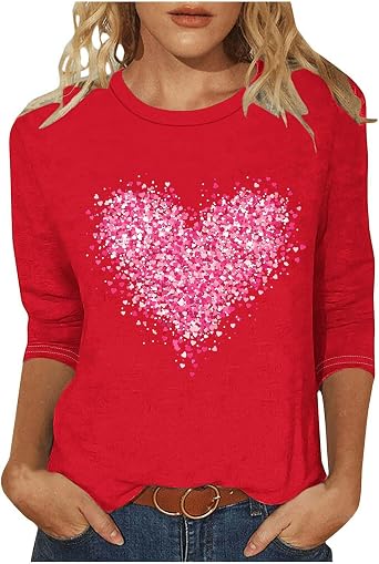Valentine Shirts for Women Oversized Heart Print Crewneck Tops Causal Dressy 3/4 Sleeve Tunic Loose Graphic Tees