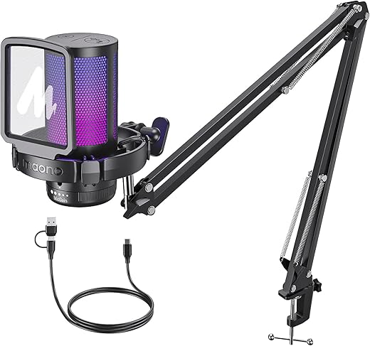 Maono RGB Condenser Gaming Mic with Noise Cancellation, USB Podcast Microphone with Adjustable RGB Lights, 1-Click Mute, Mic Gain, 0-Lantency…