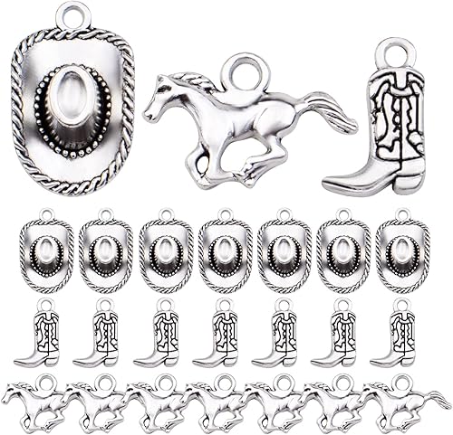 60 dijes de vaquero occidental de 3 estilos de aleación tibetana de caballo, colgantes de sombrero de caballo, dijes de botas de vaquero,