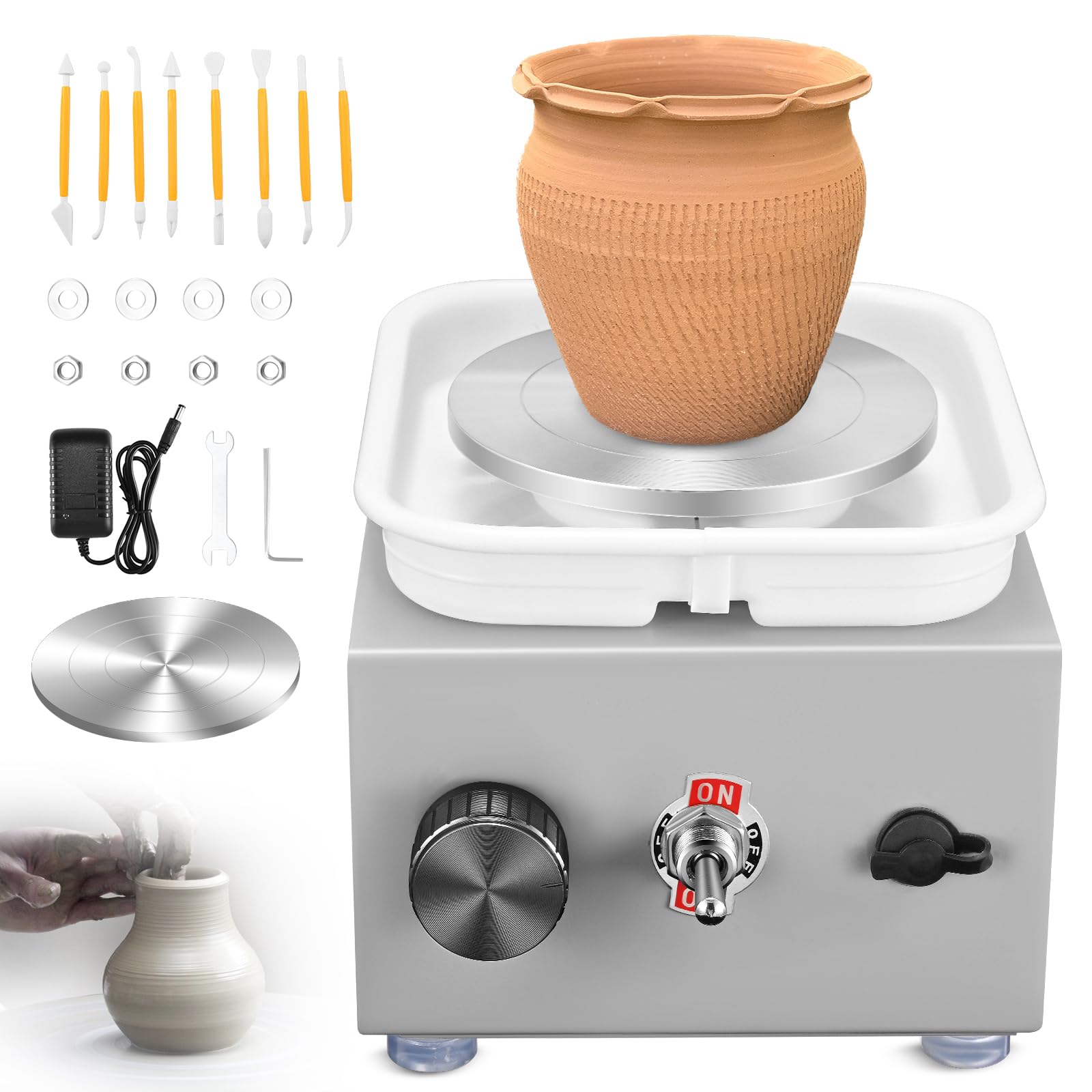 Pottery Wheel, Mini Pottery Wheel with Strong Motor 2000RPM Adjustable Speed, Potters Wheel with 10/6.5cm Plates and Sculpting Tools, Ceramic Pottery Tools Pottery Kit for Kids and Adults, Gray