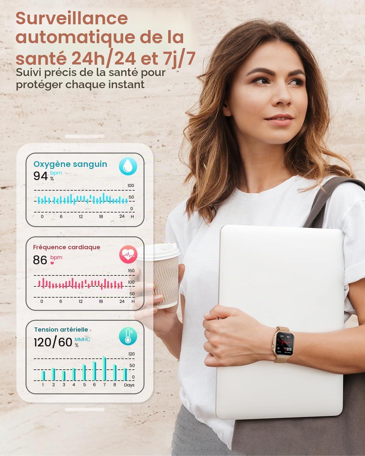 SWGOTA Montre Connectée Femme avec 1000mAh Batterie, Autonomie 100 Jour Ultra-Longue, 1.83" HD Smartwatch Appel, 24H Fréquence Cardiaque/SpO2/Sommeil, 120+ Sports, IP68 Podomètre Android iOS Or Rose