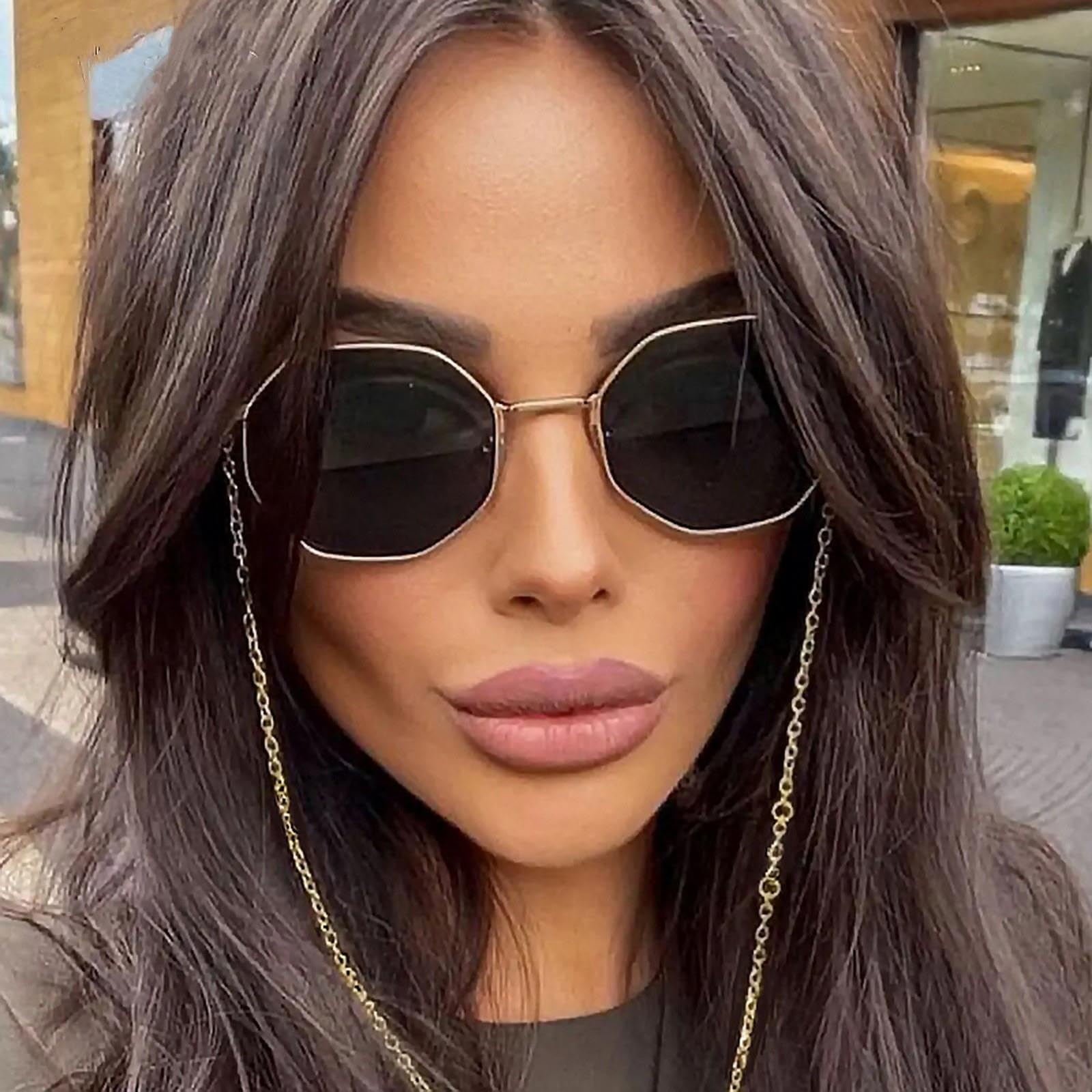 NOGRAX Okulary przeciwsłoneczne wielokąt z łańcuszkiem okulary przeciwsłoneczne damskie trendy ośmiokątne okulary przeciwsłoneczne dla kobiet kwadratowe odcienie okularów