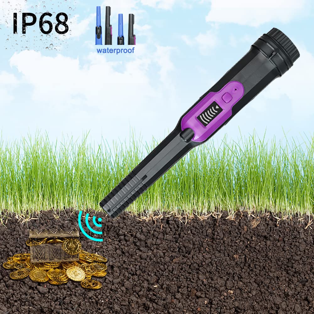 Detector de Metales portátil con clasificación de impermeabilidad IP68 hasta 30 Metros - Sonda de Pin de escaneo Lateral de 360 ​​Grados con Pantalla de señal LCD - Modos de (Negro y Morado)