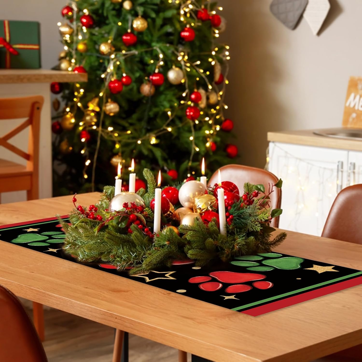 Christmas Dog Cat Paw Prints Table Runner, Xmas Kitchen Dining Table image 4