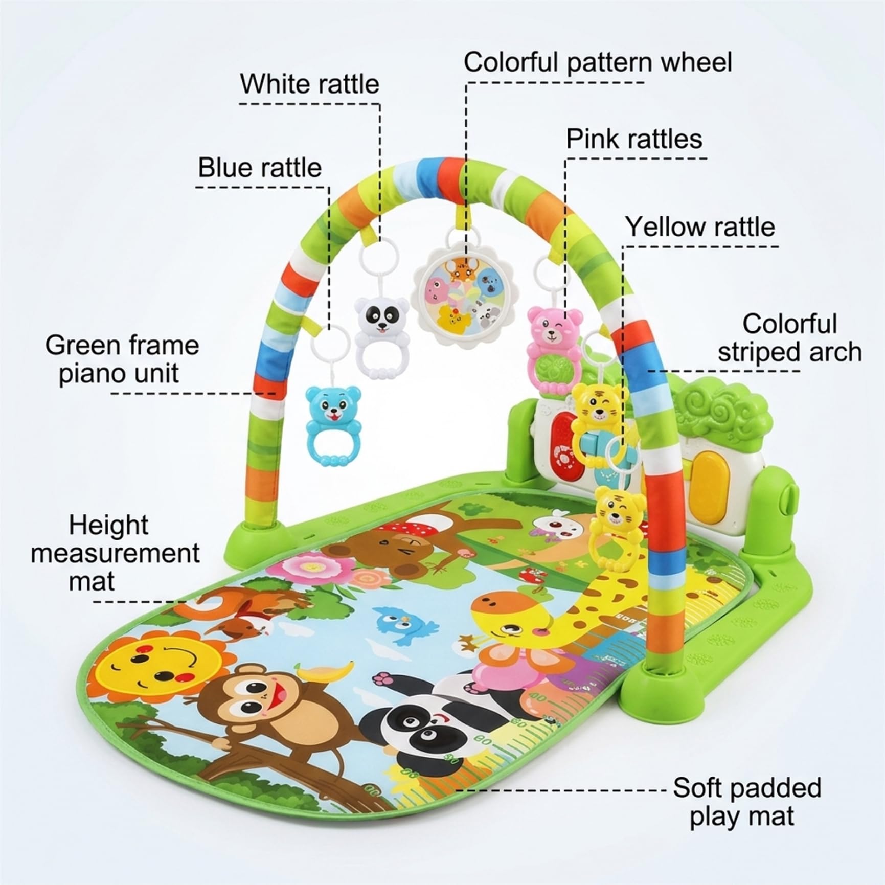 Tapete para jugar boca abajo para bebé y tapete para piano para bebé, actividad temática verde con teclas de piano de delfines para bebés de 0 a 12 meses