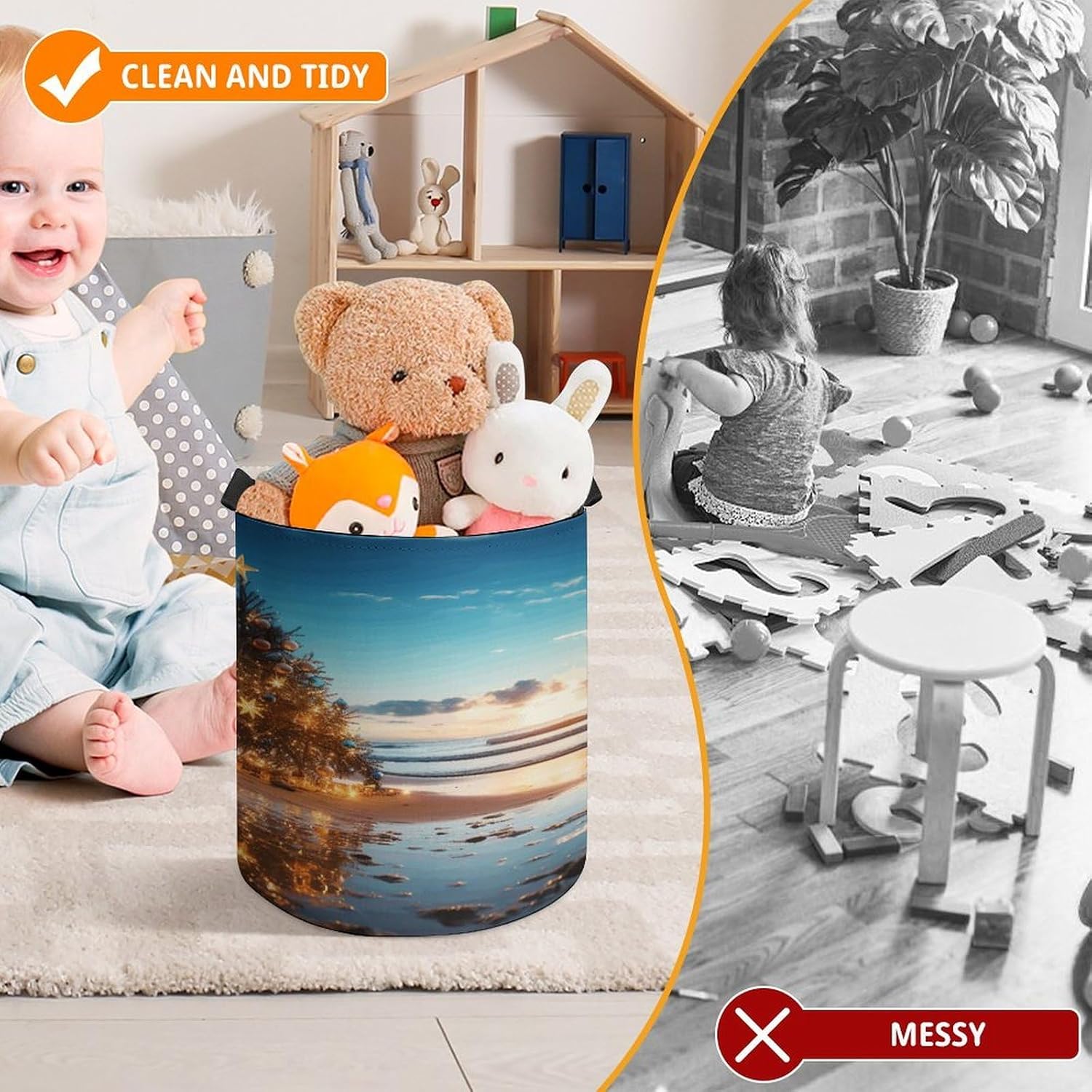 Christmas Tree on The Beach Storage Bag Large Reusable,Storage Box with Handle Drawstringm, Toy Storage Organizer Travel Case for Building Toys for Puzzles, Building Blocks, Board Game, Stationery, Bo image 3