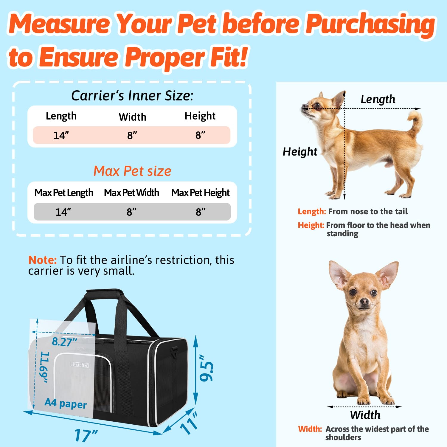 Petskd Transportador de mascotas con ruedas, aprobado por aerolíneas de Alaska, bolsa de transporte de viaje para mascotas para gatos y perros pequeños, S (negro)