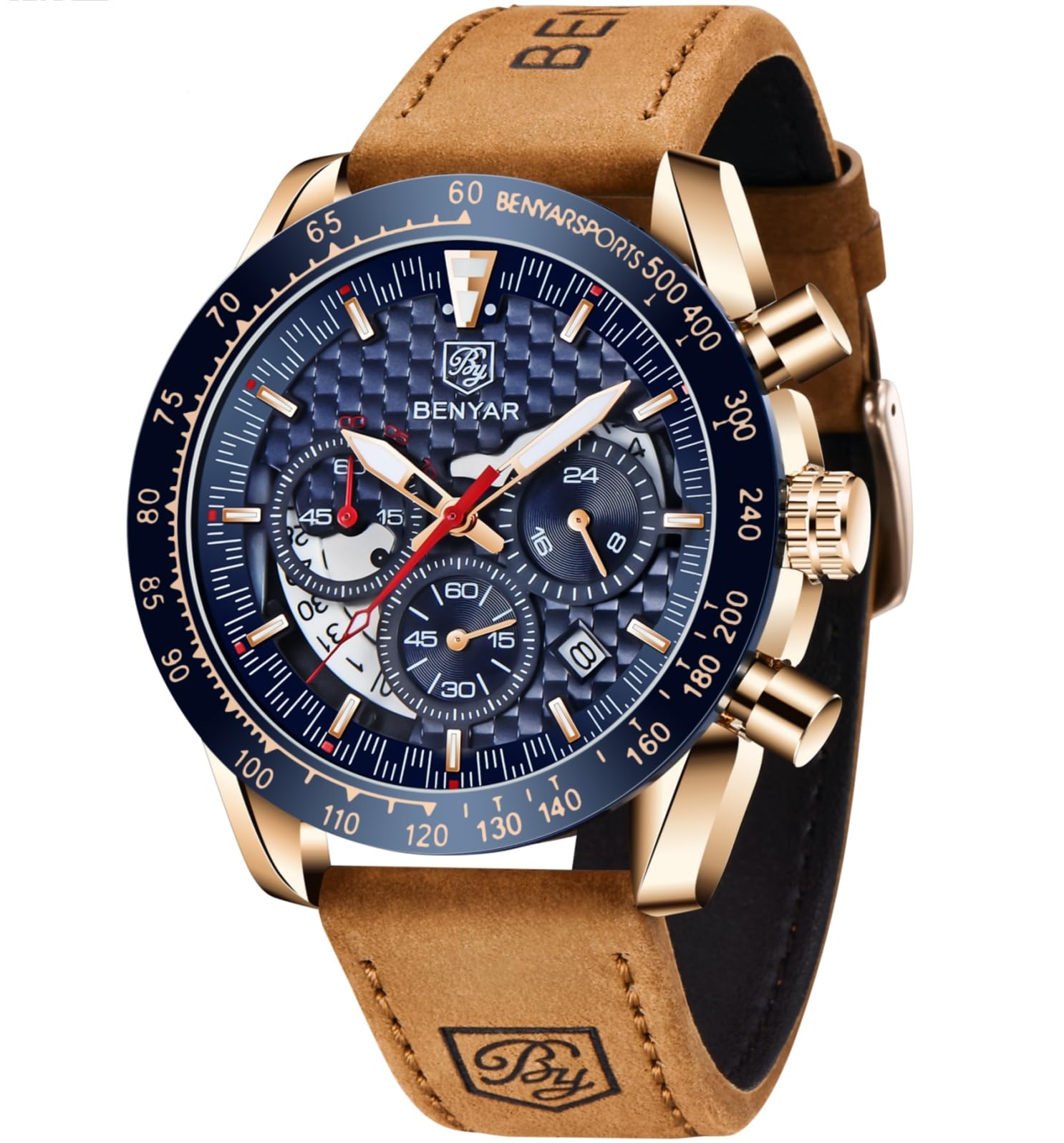 BENYAR BY Herren-Armbanduhr, wasserdicht, Chronograph, beleuchtet, klassisch, Lederarmband, großes Zifferblatt, Datum, Analog, Herren, Elegantes Geschenk