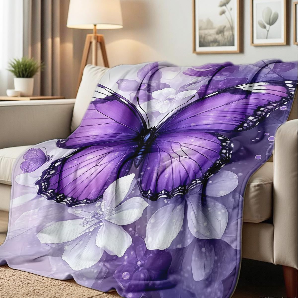 Printed Bed Blanket Purple Butterfly Throws Soft Flannel Blanket Butterfly Gifts for Adults Kids Couch Butterflies Decor for Sofa Bed Office (49"x59")