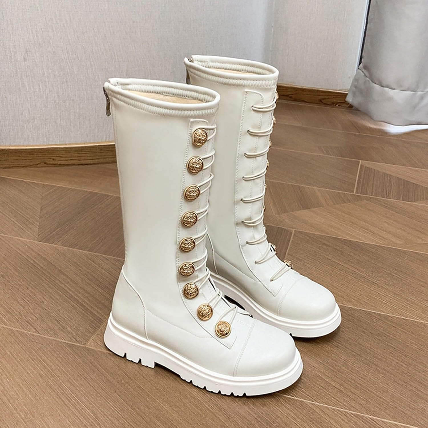 Girls Combat Boots Big Kids Thigh High Waterproof Plush Shoes with Side Buttons Winter Punk Leather Riding Boots