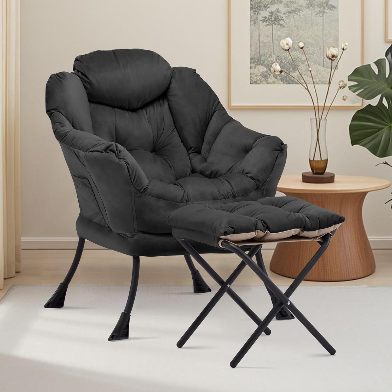 Lazy Chair with Ottoman, Comfy Accent Lounge Chair with Side Pocket, Modern Reading Armchair with Footrest, Upholstered Sofa Chair for Small Spaces, Bedroom, Living Room, Dorm, Black
