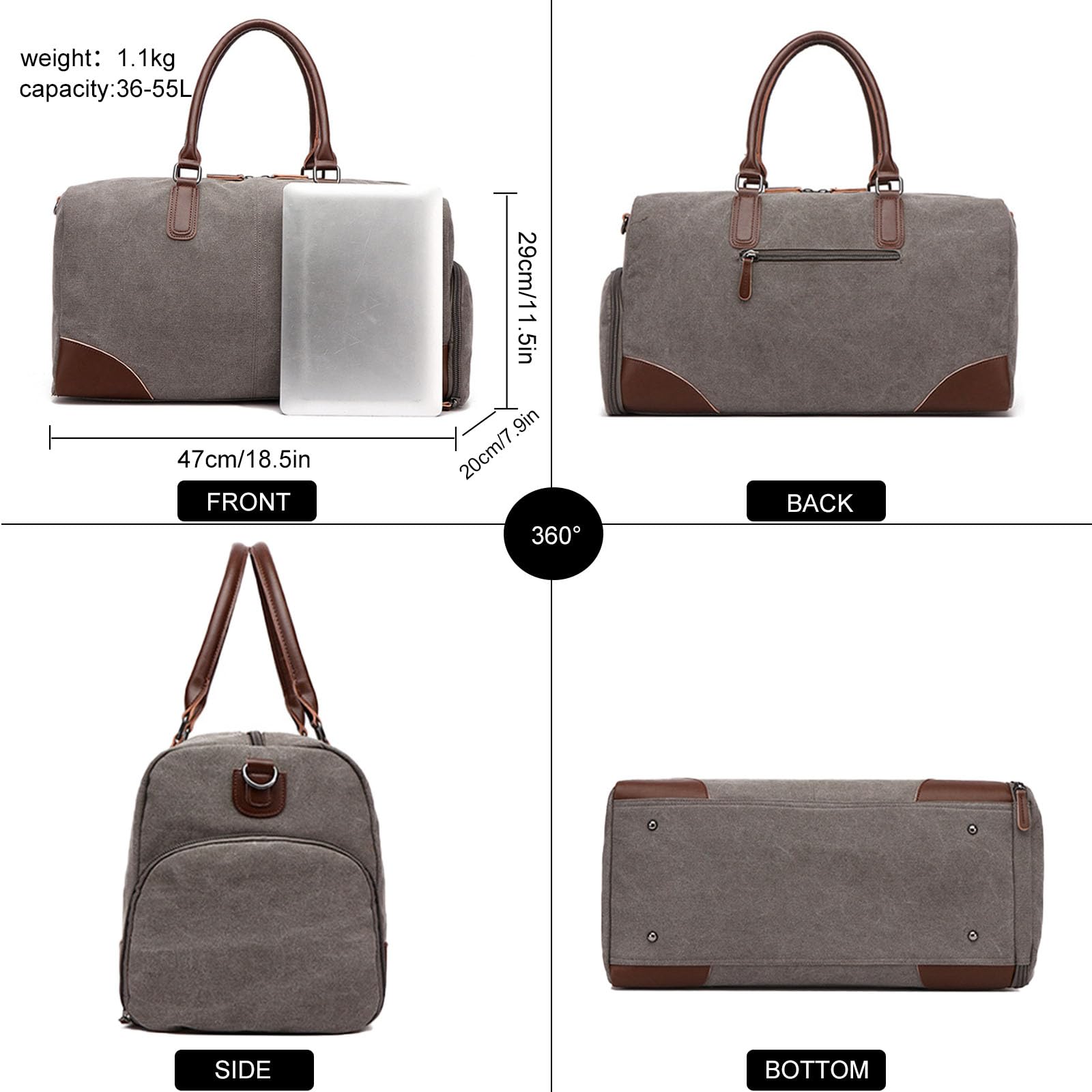 Sporttasche Reisetasche Groß 55L,Sporttasche mit Schuhfach Nassfach,Canvas Leder Duffle Bag Herren,Vintage Handgepäck Gym Bag (grau)